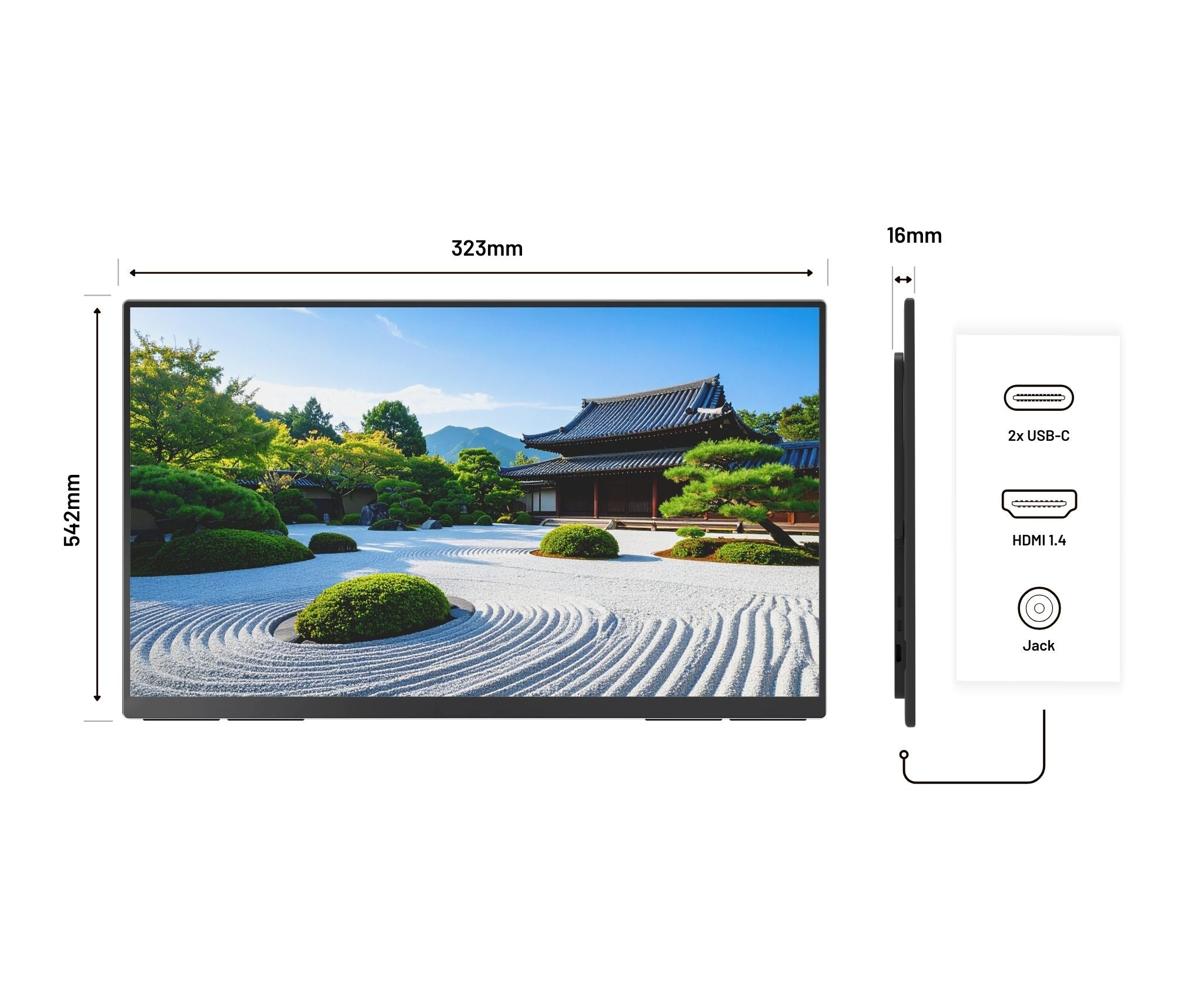 Ein Monitor zeigt einen japanischen Zen-Garten mit einem Gebäude im Hintergrund.