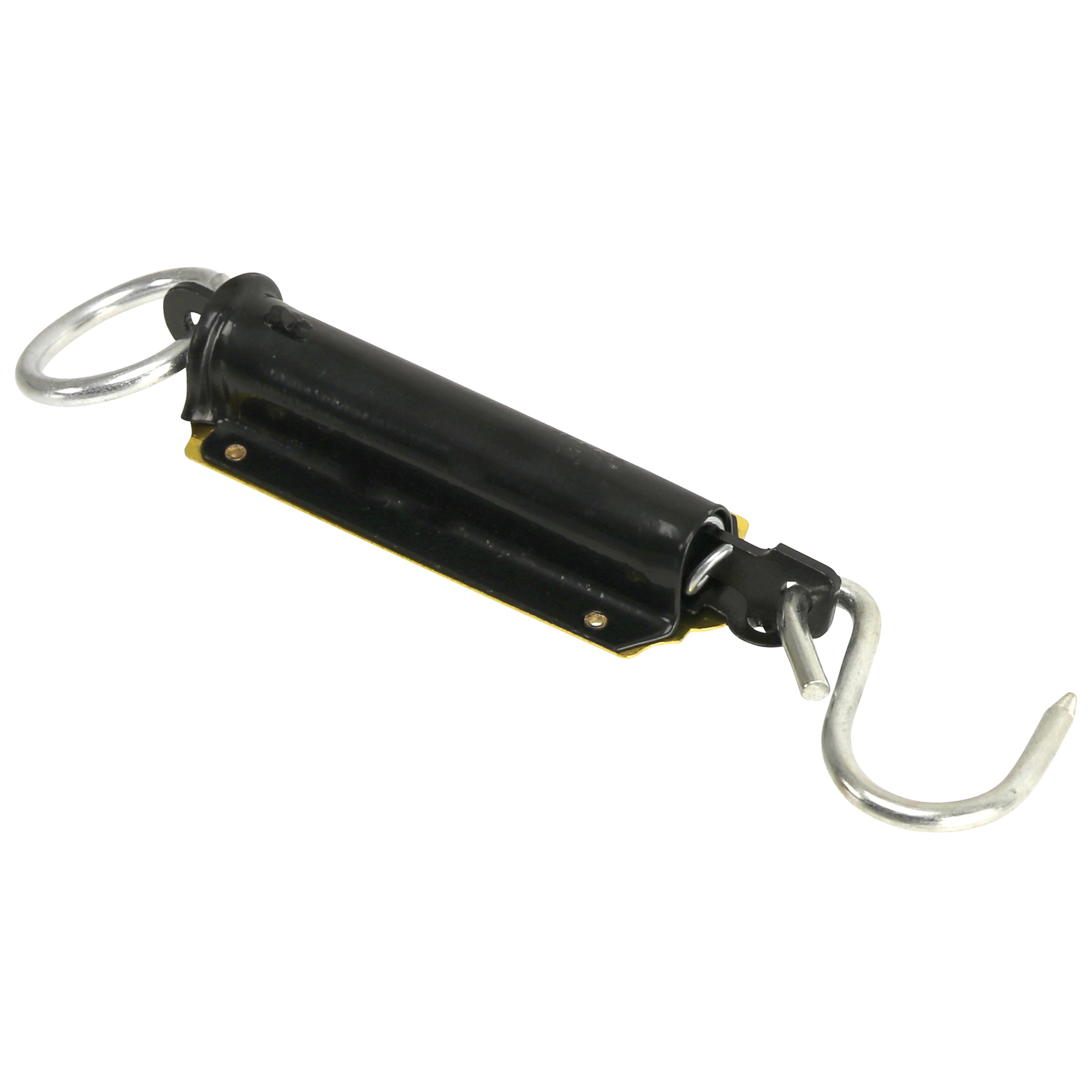Eine schwarze Federwaage mit silbernem Haken und Ring.