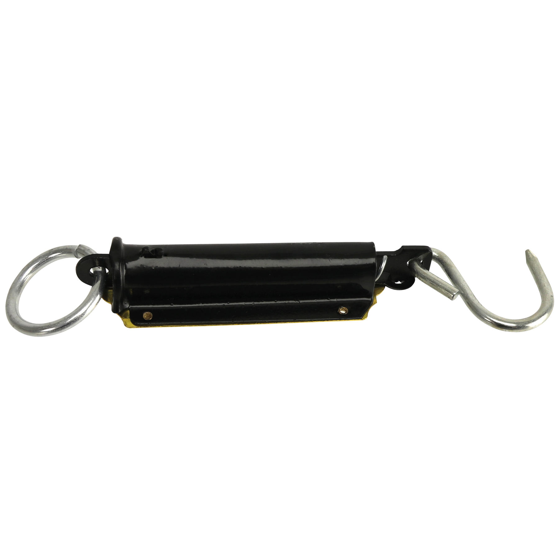 Schwarzer Federspanner mit Haken und Ring. Metallkonstruktion.