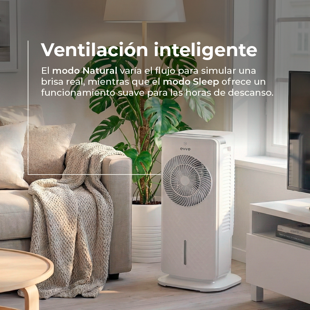 Un enfriador de aire blanco junto a un sofá en una sala de estar.