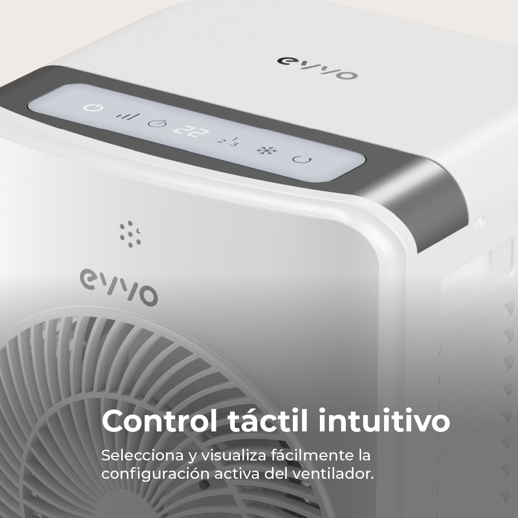 Un purificador de aire blanco con panel táctil y ventilador. Muestra 22°C.