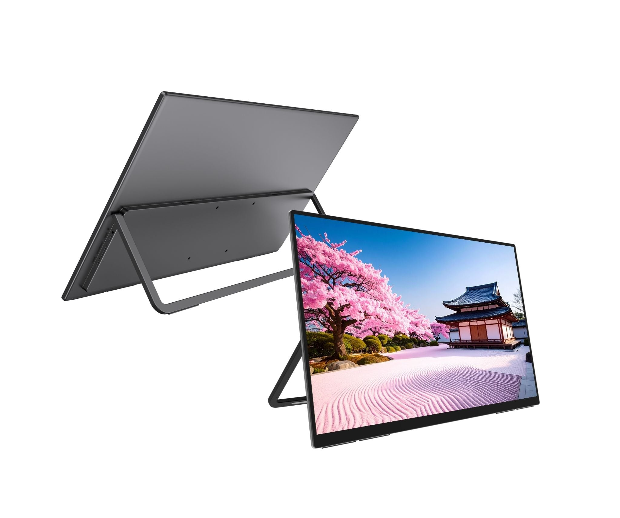 Ein grauer Laptop mit Ständer zeigt ein Bild eines japanischen Gartens mit Kirschblüten.