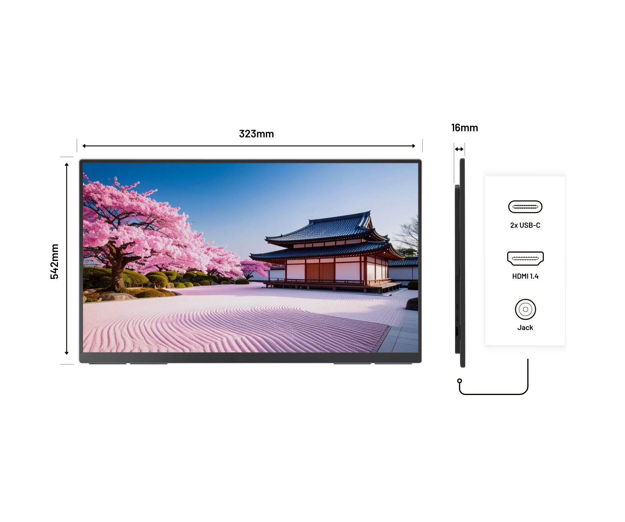 Ein Monitor mit japanischer Gartenansicht, Maßen und Anschlüssen.
