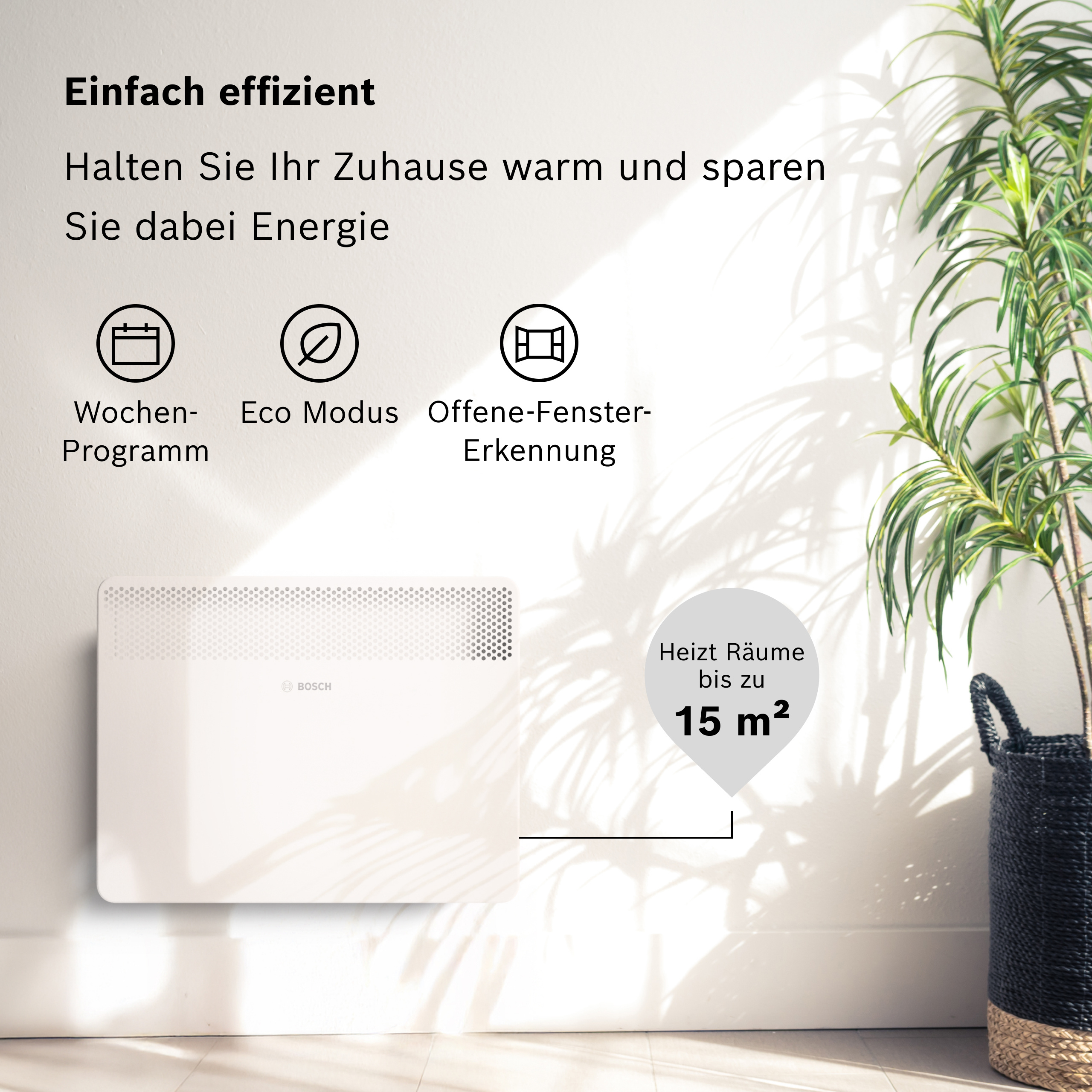 Ein weißer Bosch Heizkörper an einer Wand mit Icons und Text.