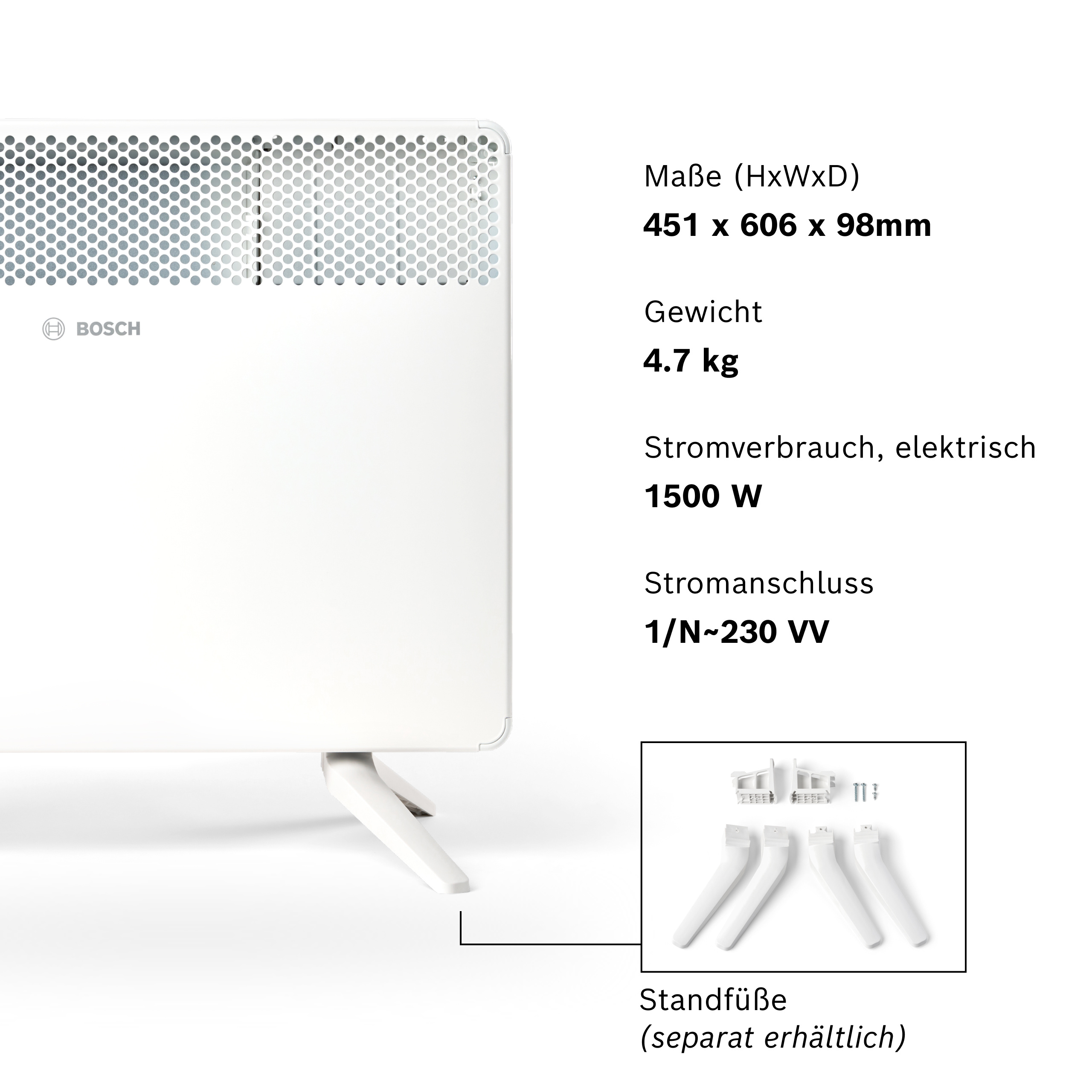 Ein weißer Bosch Heizkörper mit silbernem Lochblech und Standfüßen.