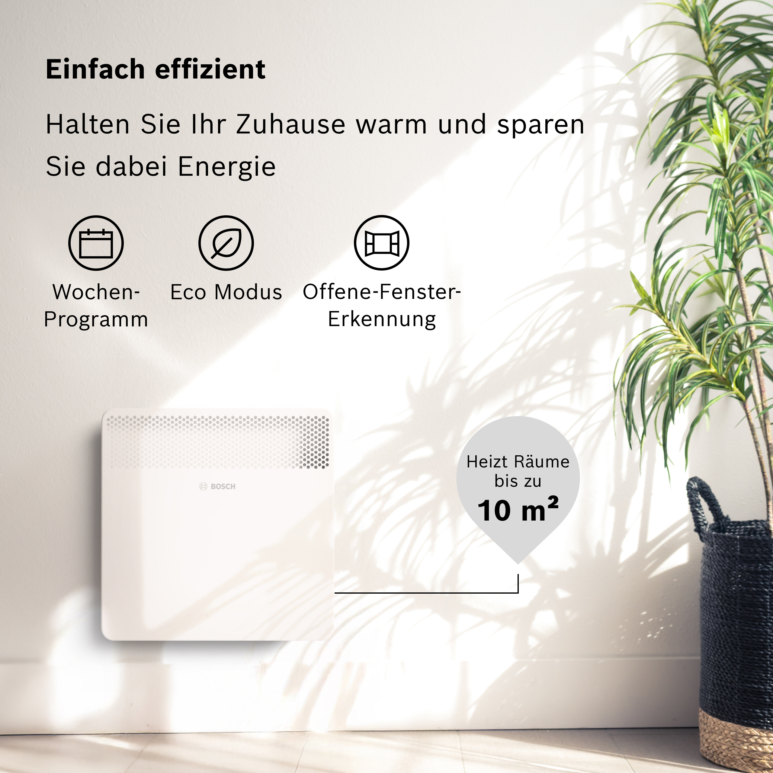 Ein weißer Bosch Heizkörper an einer Wand mit Icons und Text über Heizmodi.