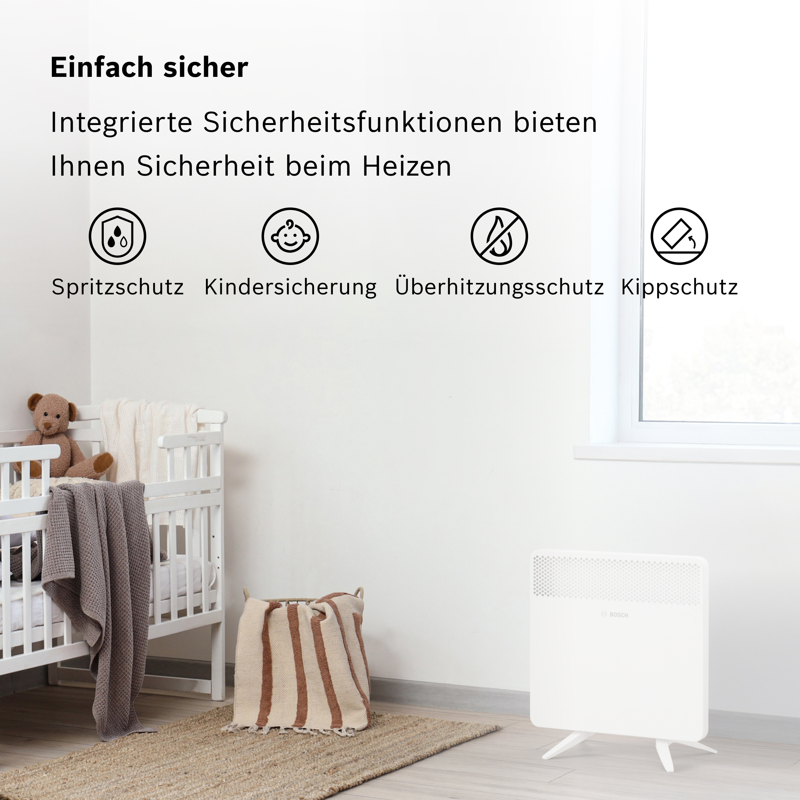 Ein Heizkörper mit Symbolen für Spritzschutz, Kindersicherung, Überhitzung und Kippschutz.
