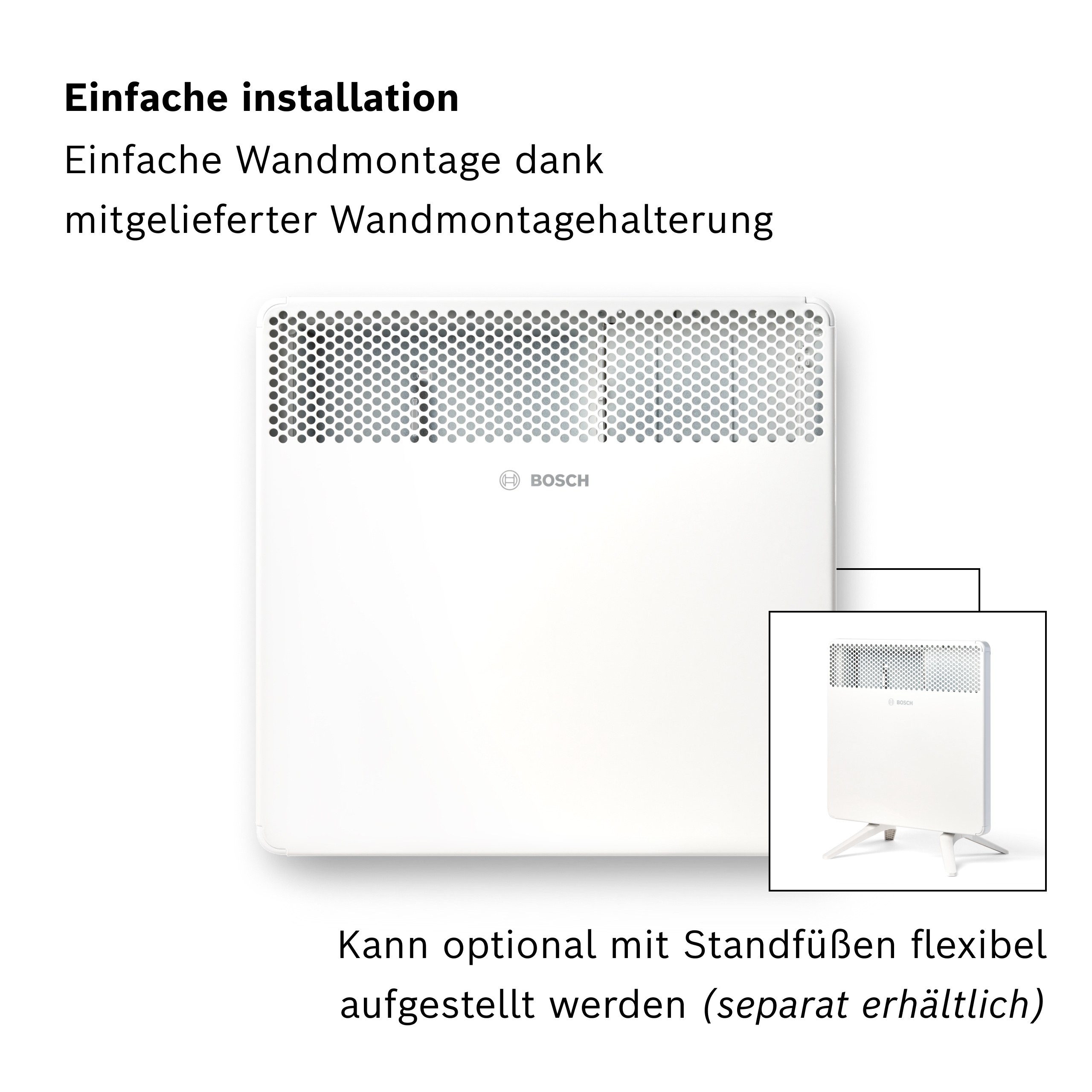 Weißer Bosch Heizkörper mit Lüftungsgitter, Wandmontage oder optionalen Füßen.