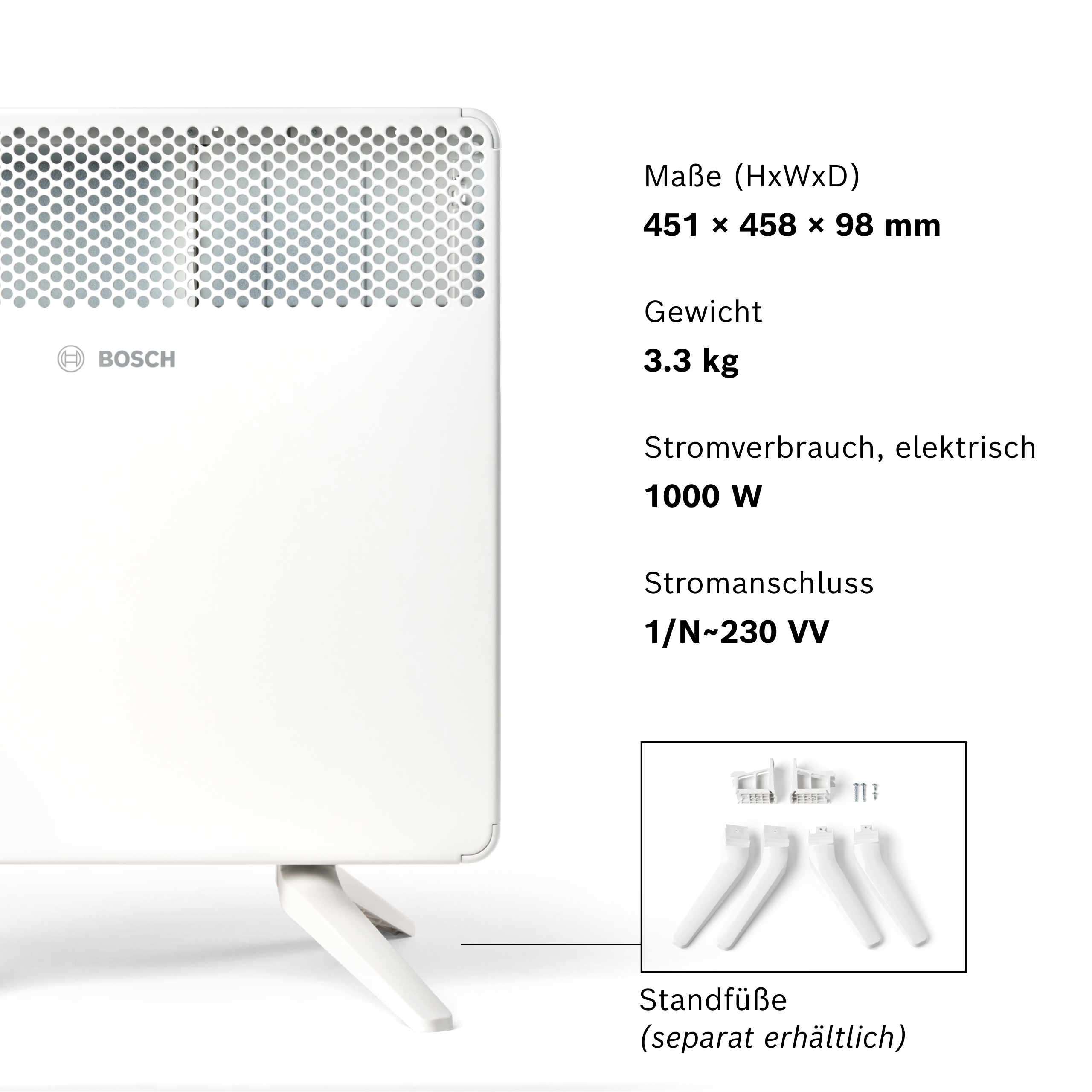 Ein weißer Bosch Heizkörper mit Lüftungsgitter und Standfüßen.