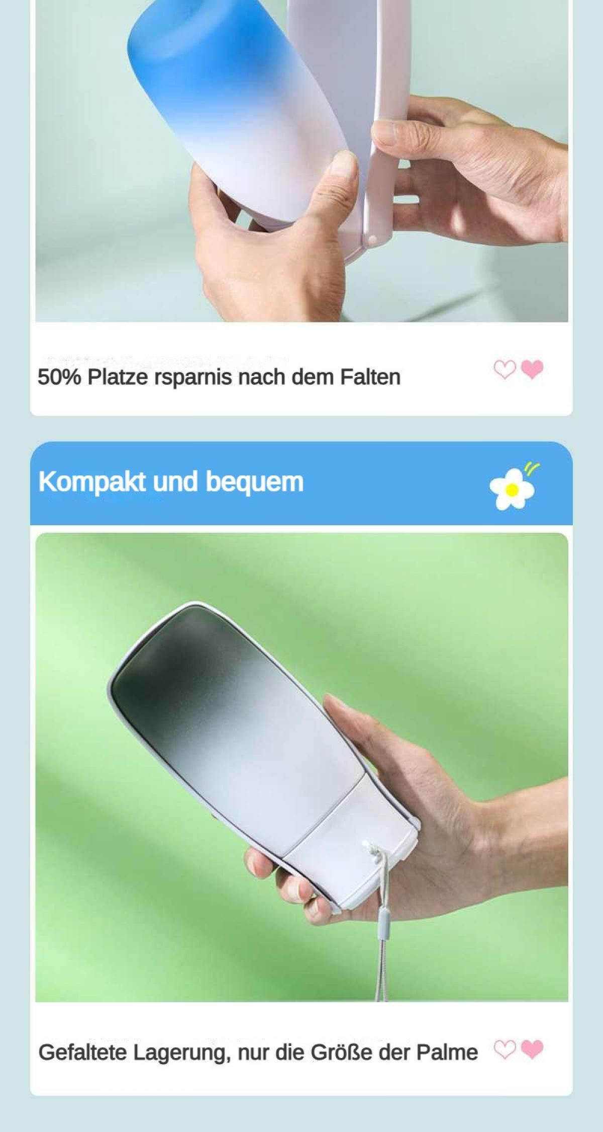 Eine Hand hält eine zusammenklappbare Lampe mit blauen und weißen Verläufen.