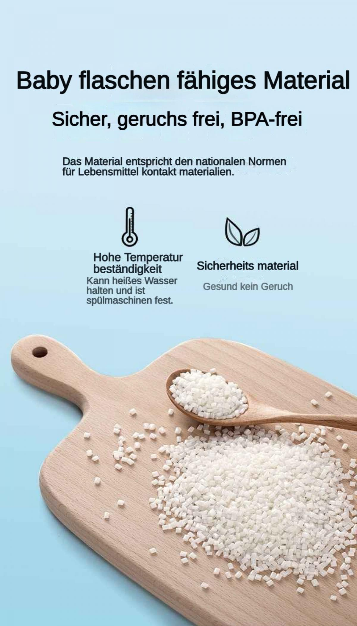 Holzbrett mit weißem Granulat und Holzlöffel. Text über Material.