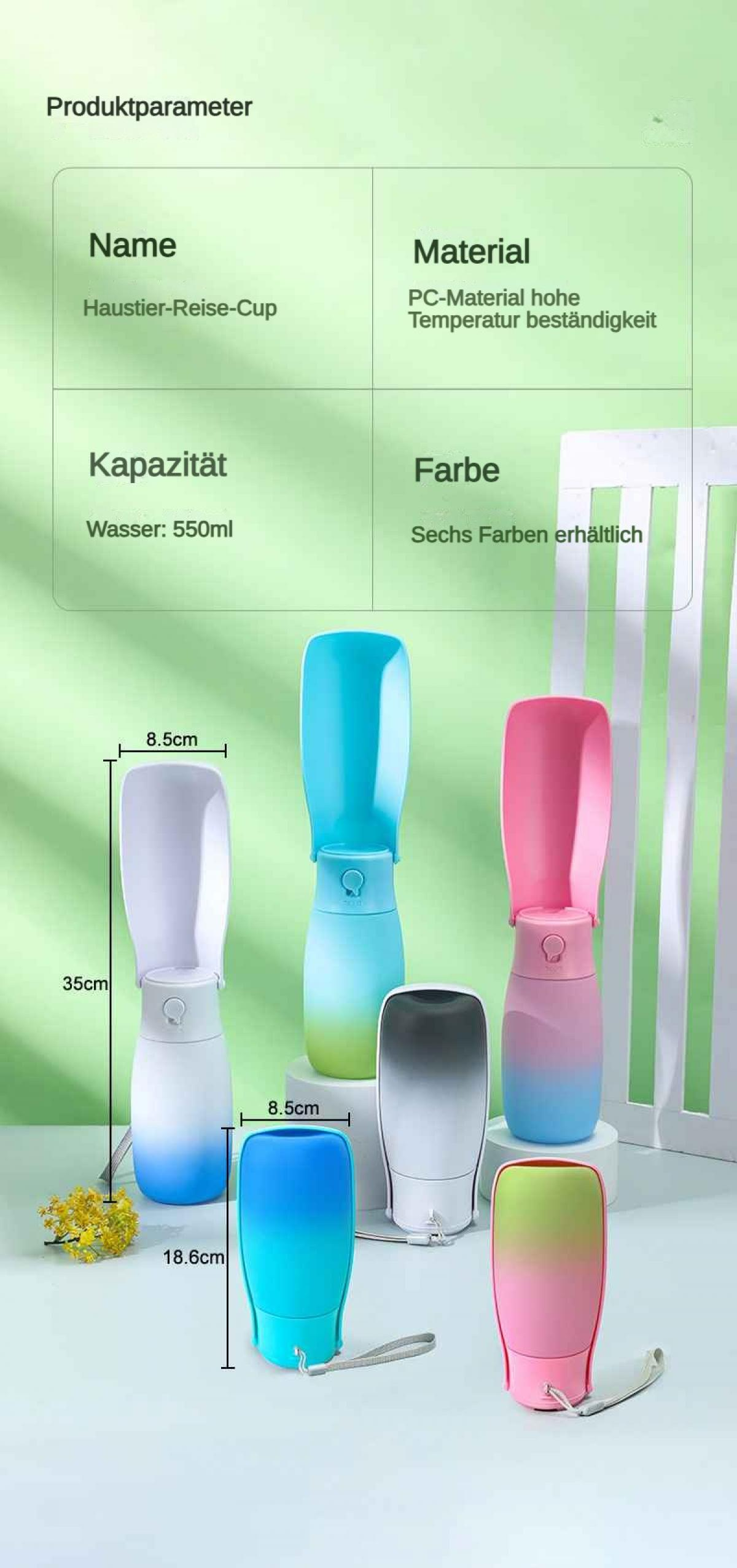 Mehrere bunte, tragbare Haustierwasserflaschen mit Lanyards auf einem hellen Hintergrund.