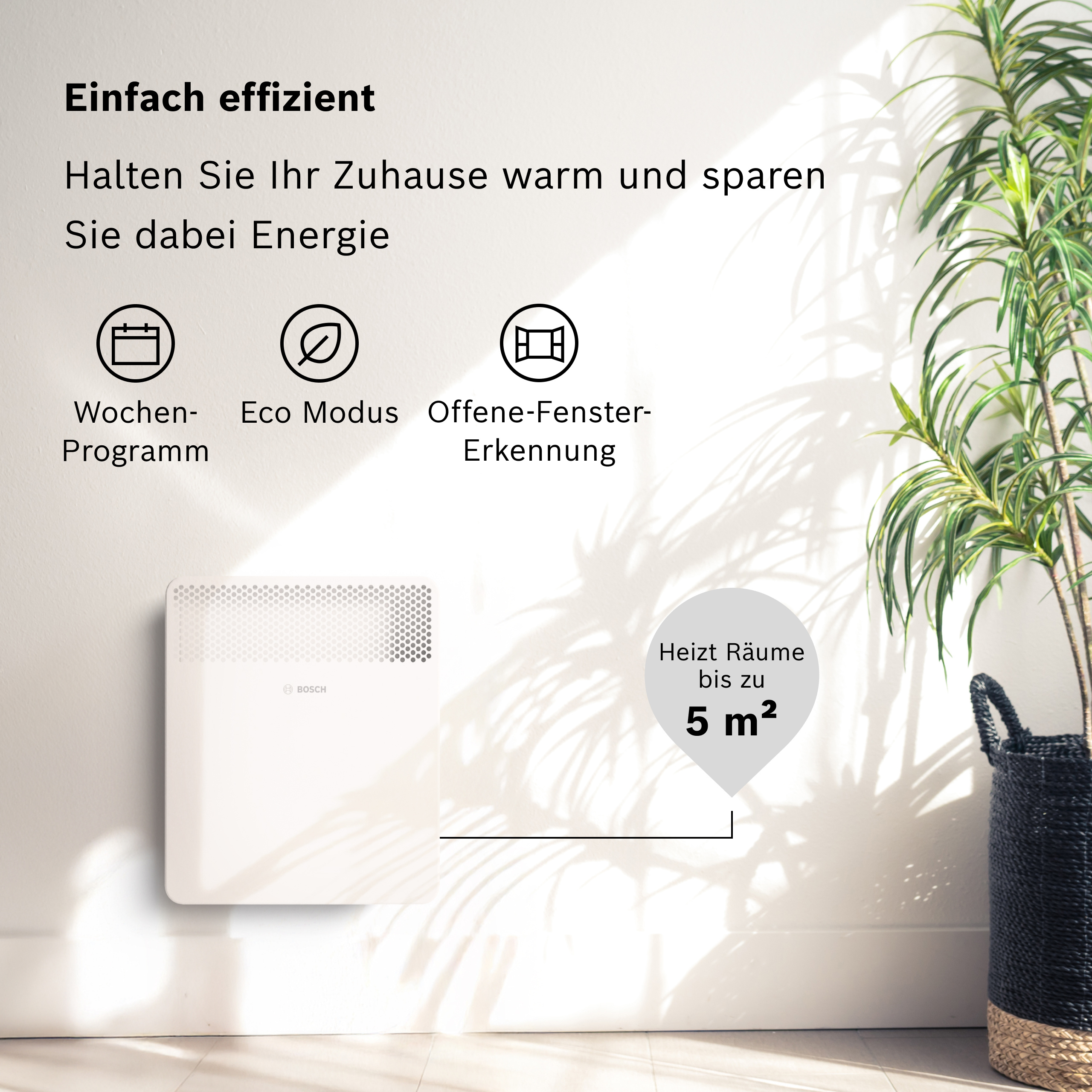 Ein weißer Bosch Heizkörper an einer Wand mit Icons für Programm, Eco und Fenstererkennung.