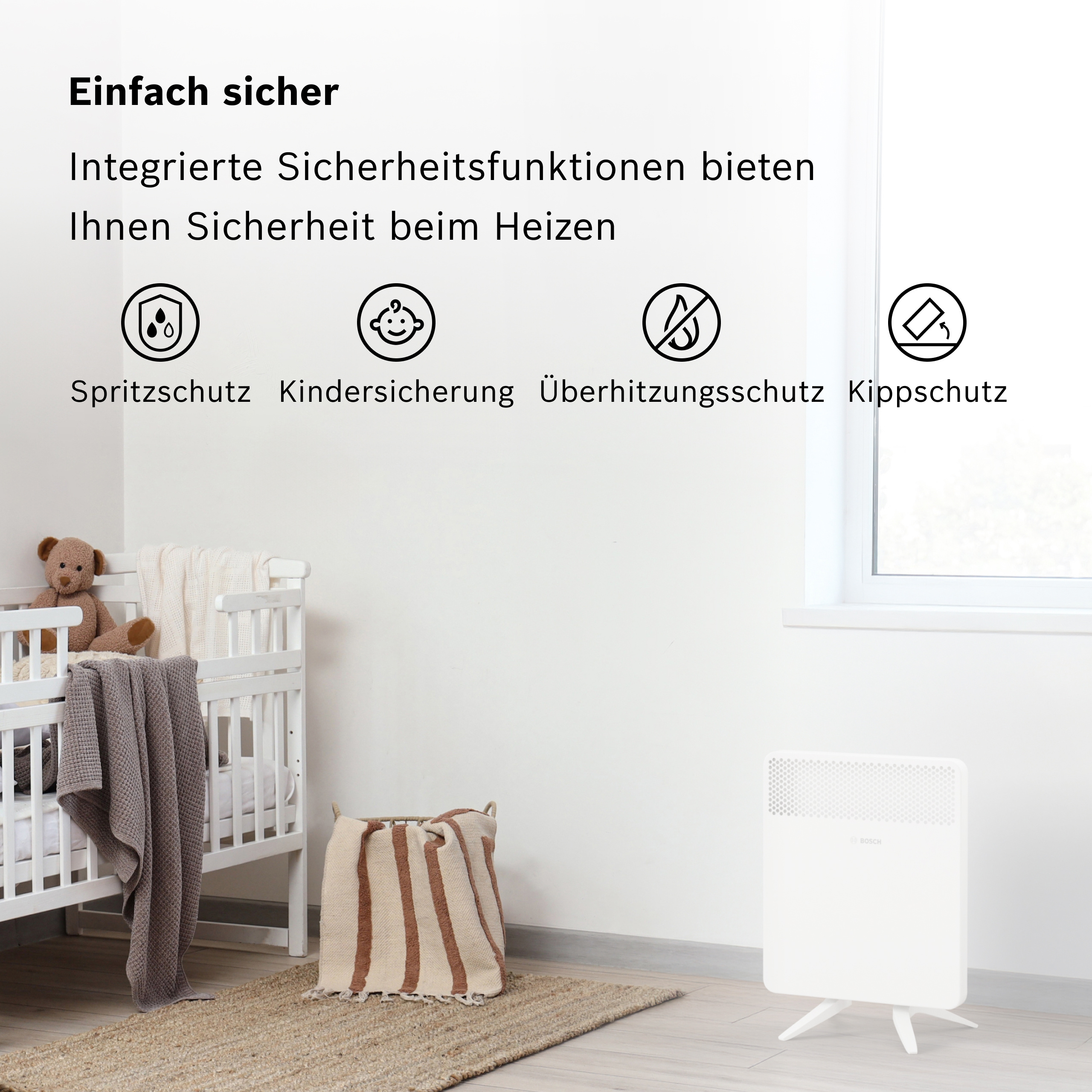 Ein Heizgerät mit vier Sicherheitssymbolen neben einem Kinderbett.
