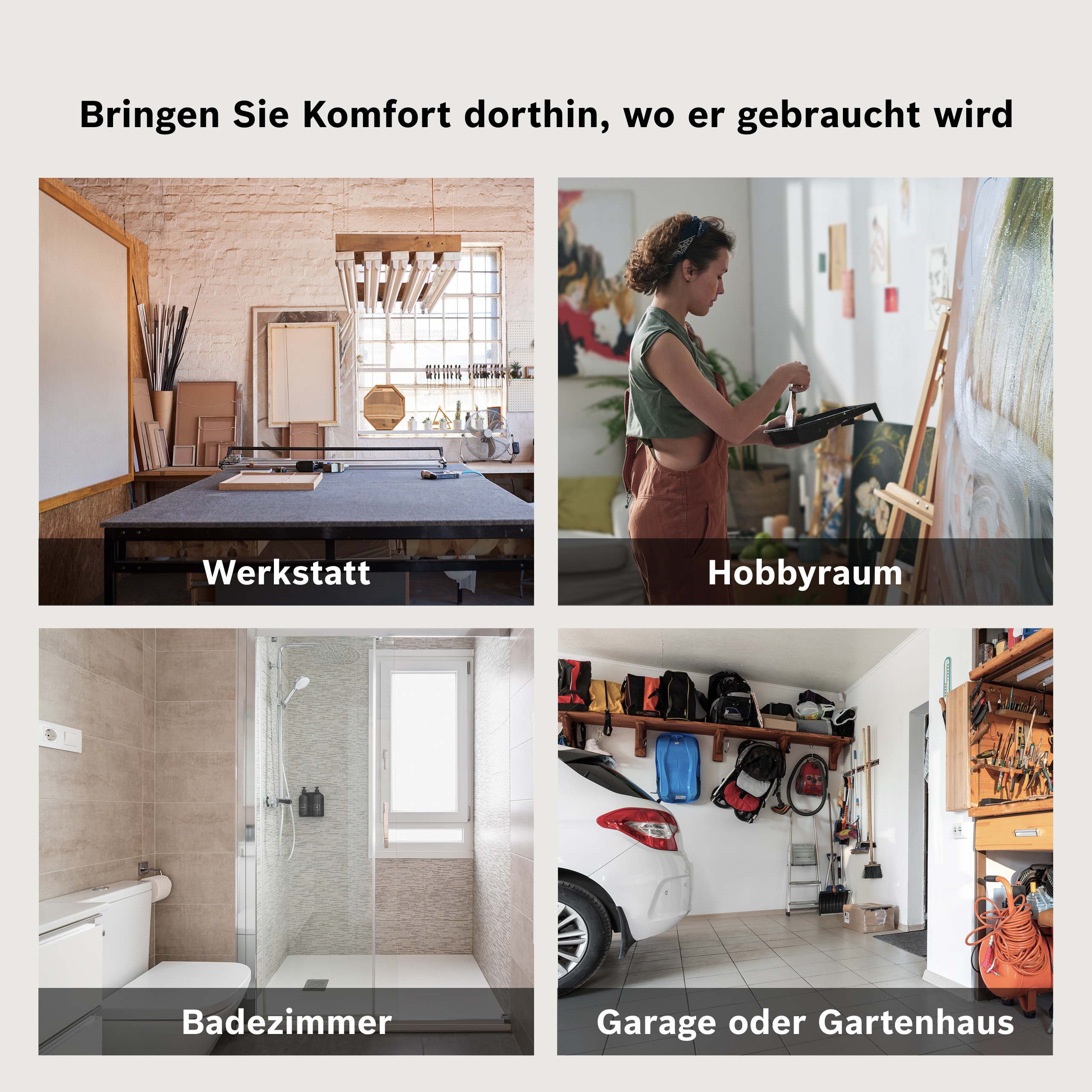 Vier Räume: Werkstatt, Hobbyraum, Bad und Garage/Gartenhaus.