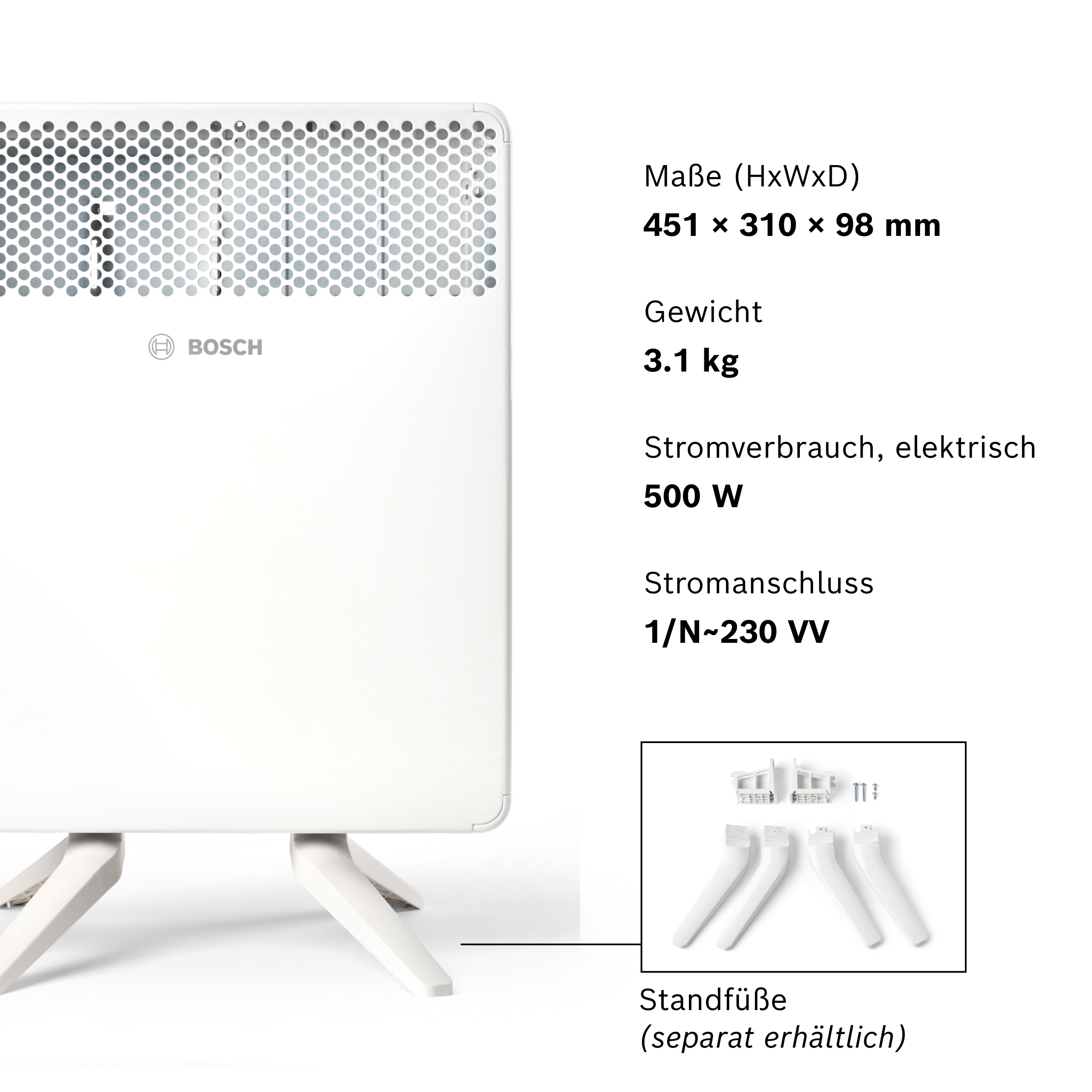 Ein weißer Bosch Heizkörper mit Lochmusterfront und Standfüßen.