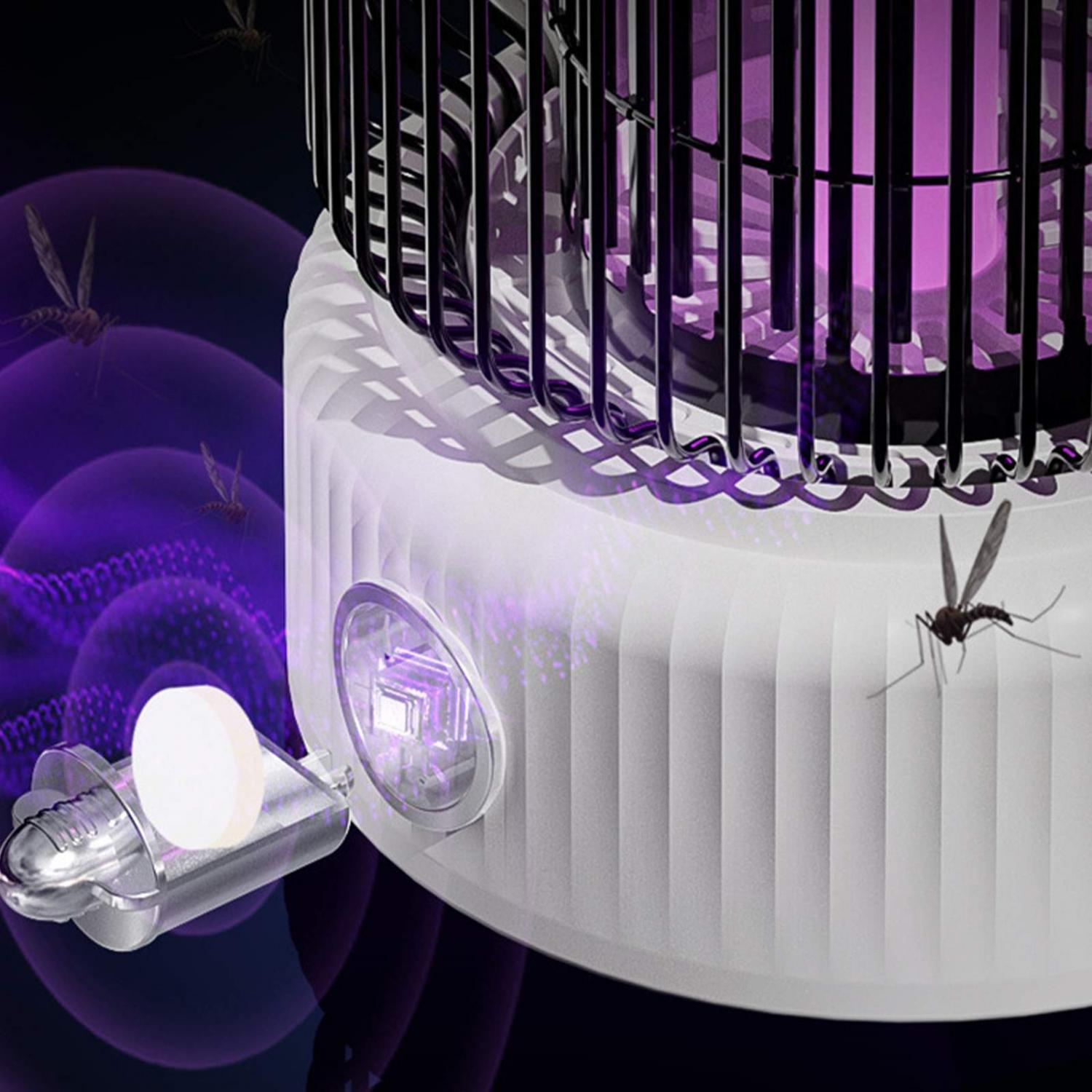 Ein Mückenvernichter mit UV-Licht und Mücken im Flug.