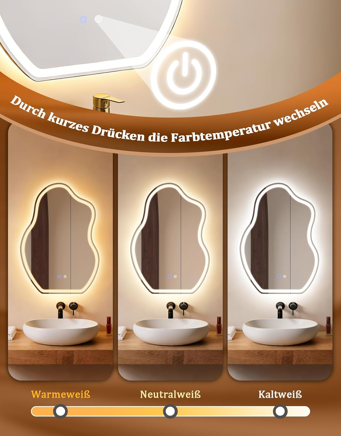 Specchio da bagno con illuminazione a LED in tre temperature di colore: bianco caldo, bianco neutro, bianco freddo.