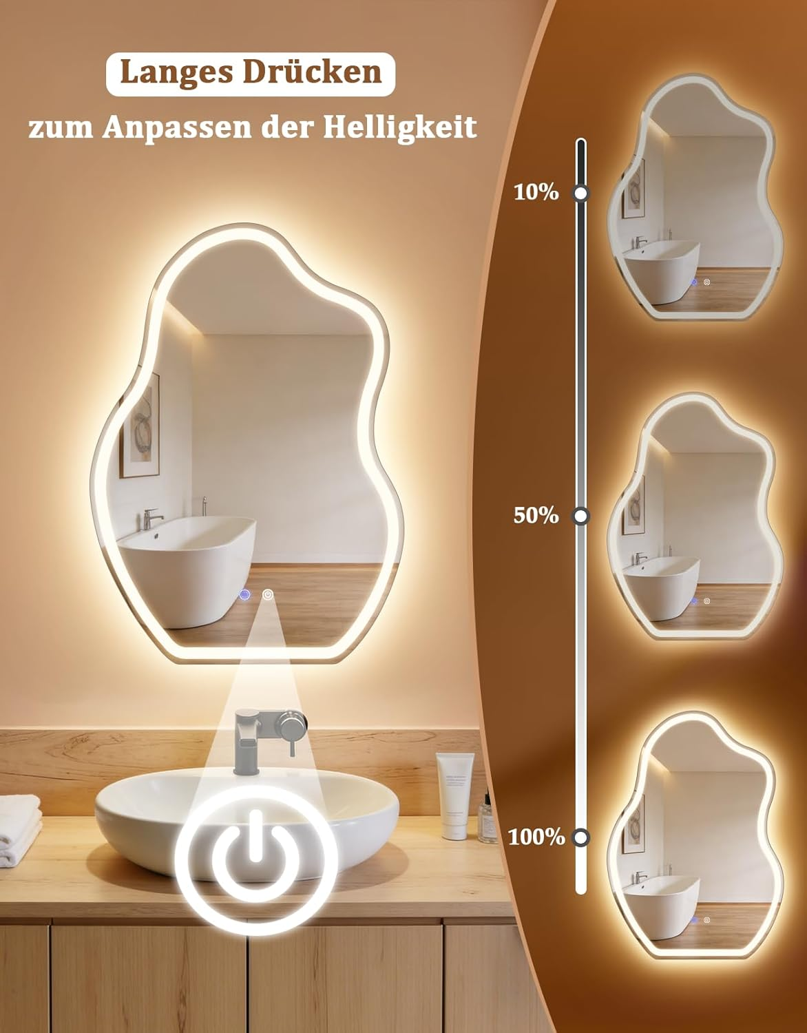Specchio da bagno con illuminazione LED, regolazione luminosità 10-100%.