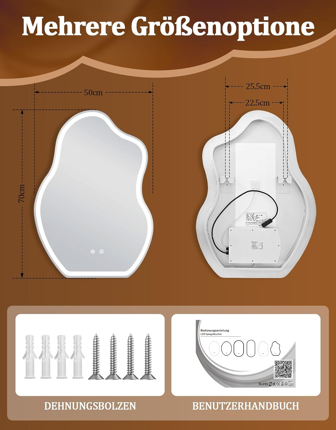 Uno specchio di forma irregolare con illuminazione a LED e ferramenta.