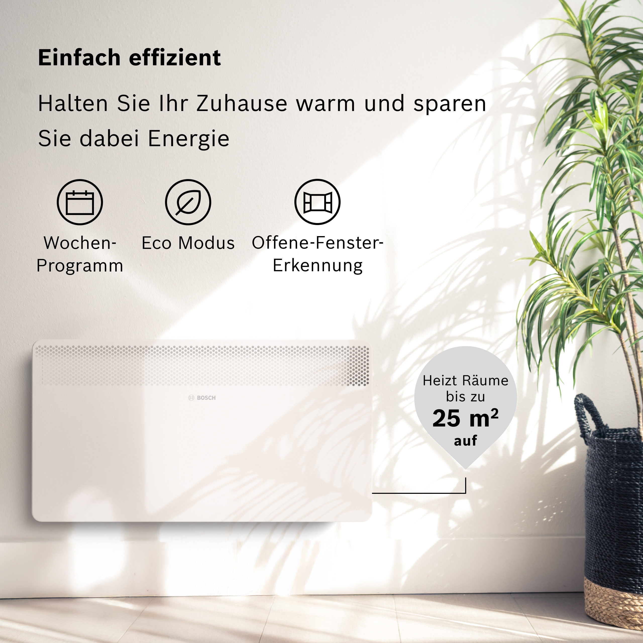 Ein weißer Bosch Heizkörper steht an einer Wand mit Pflanzen.