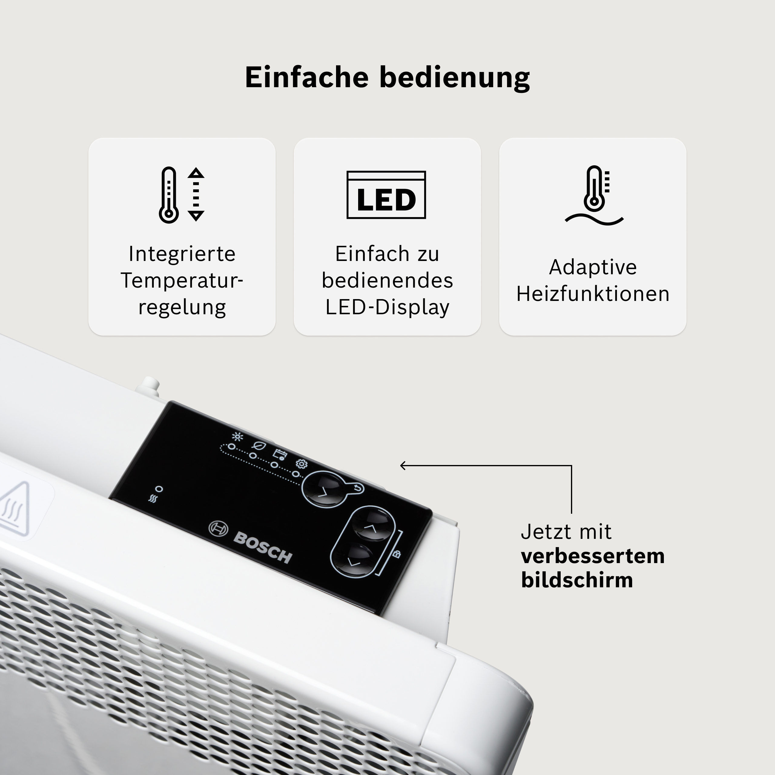 Ein weißer Heizkörper mit schwarzem Bedienfeld und Symbolen für Temperaturregelung, LED-Anzeige und adaptive Heizfunktionen.