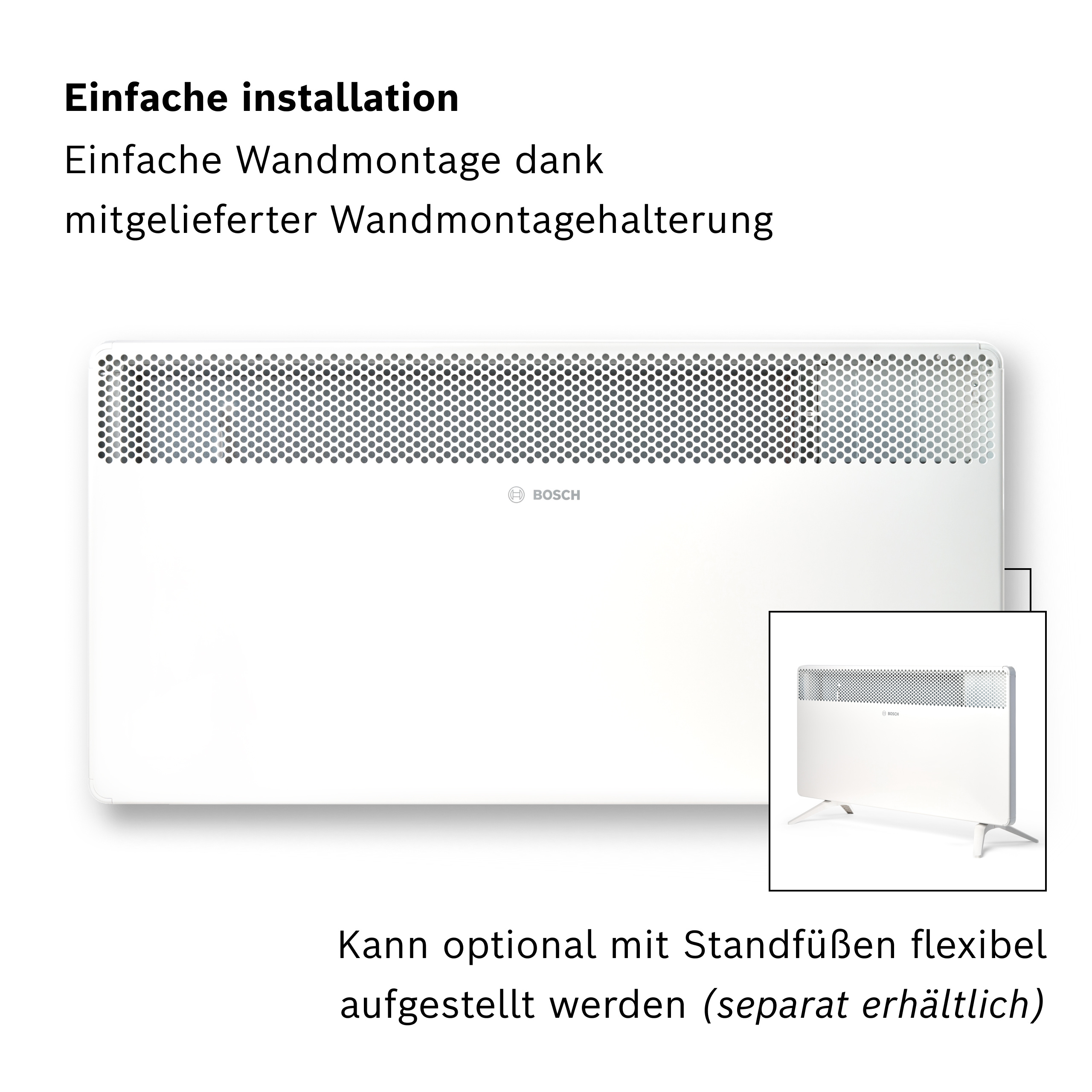 Ein weißer Bosch Heizkörper mit Lüftungsgitter und Standfüßen.