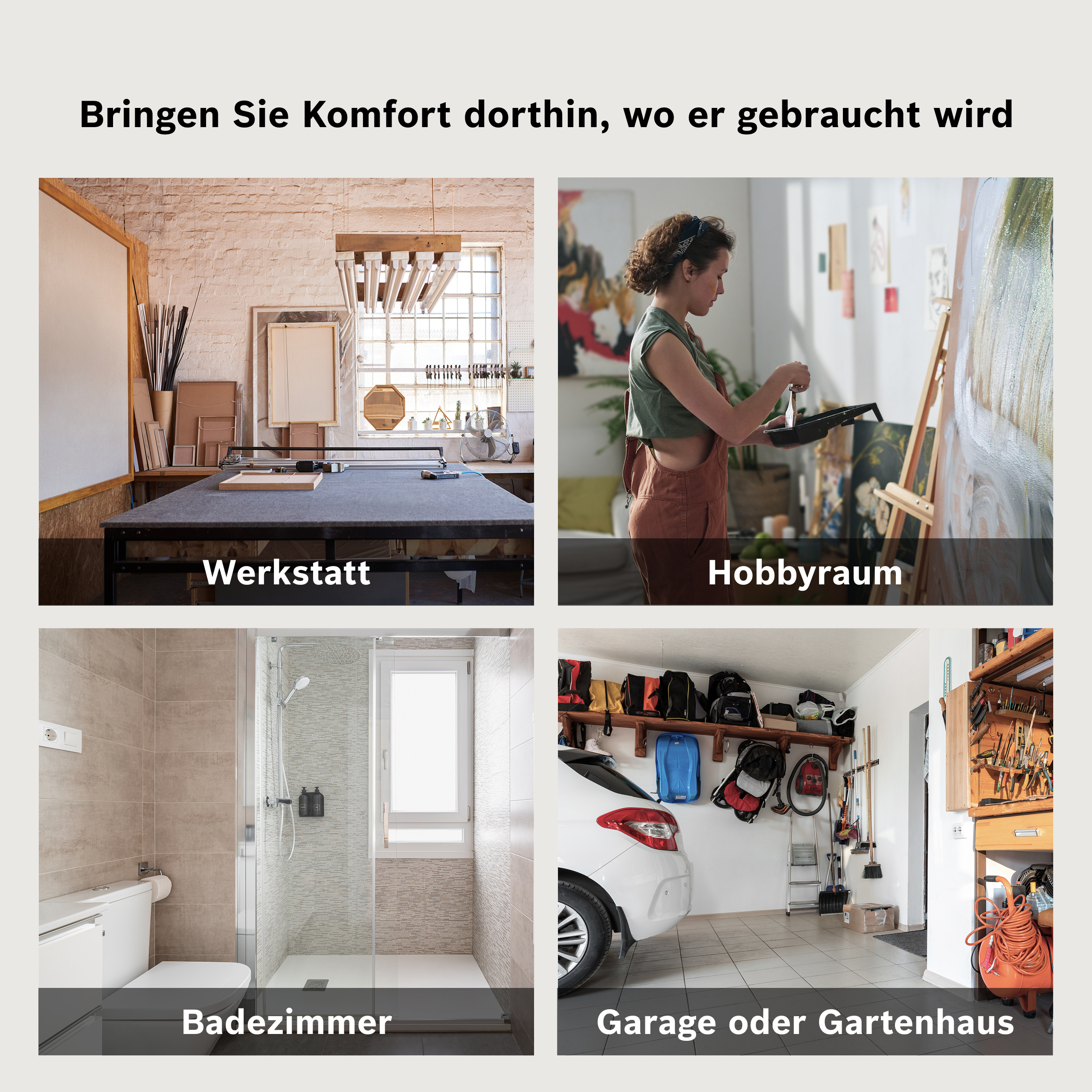 Vier Räume: Werkstatt, Hobbyraum, Bad und Garage/Gartenhaus.
