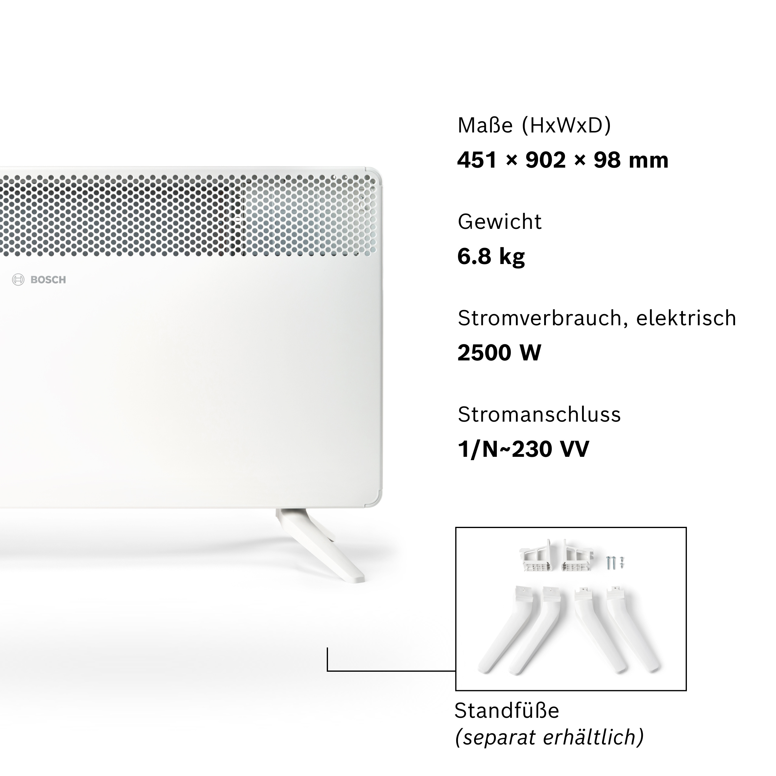 Ein weißer Bosch Heizkörper mit Lüftungsgitter und Standfüßen.