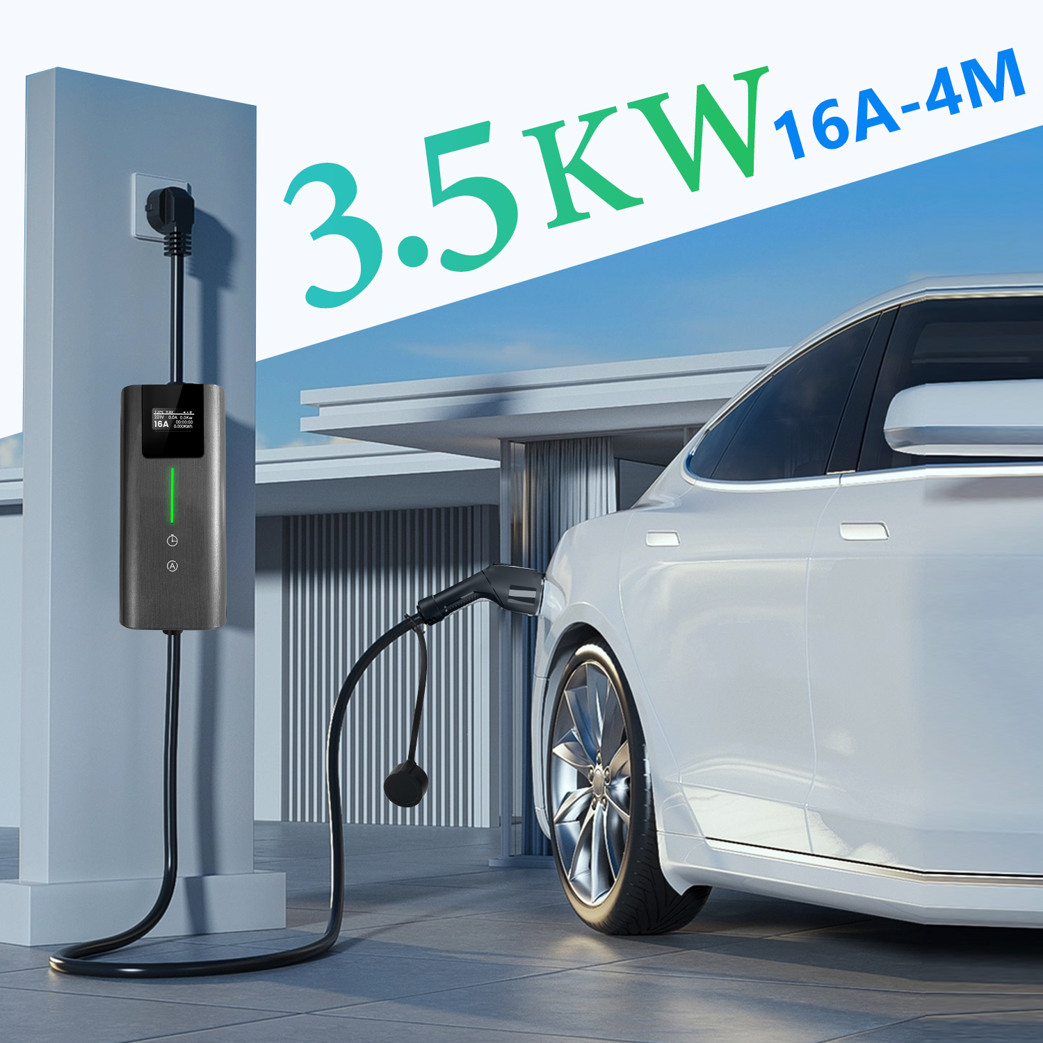 Ladestation für Elektroautos mit 3,5 kW Leistung, lädt ein weißes Auto.