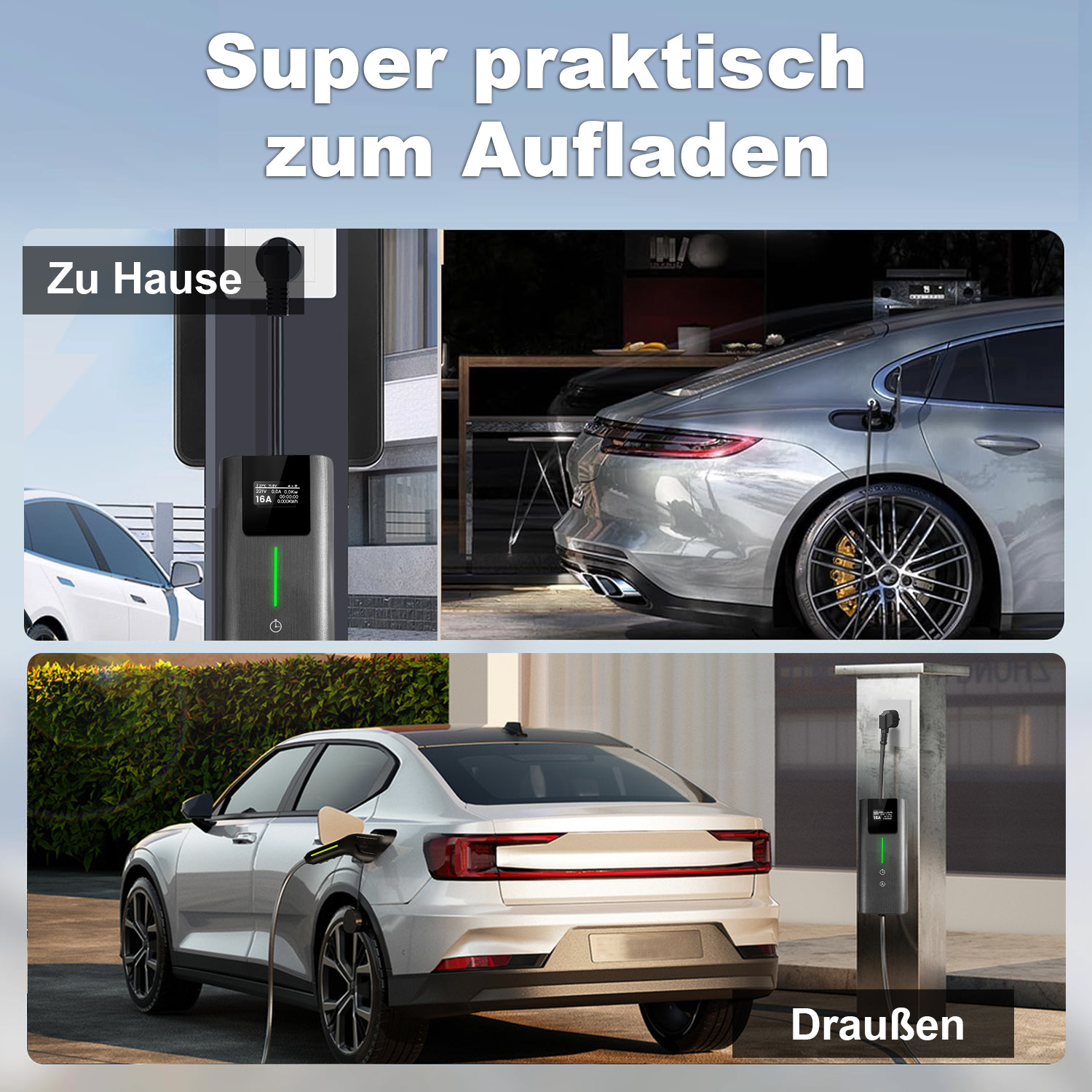 E-Autos werden drinnen und draußen an Ladestationen geladen.