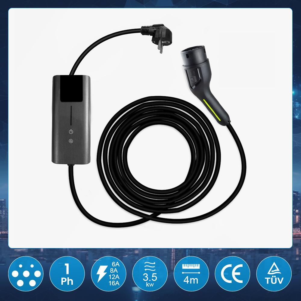 Graues Ladekabel mit zwei Steckern, schwarzes Kabel, Symbole für Strom.