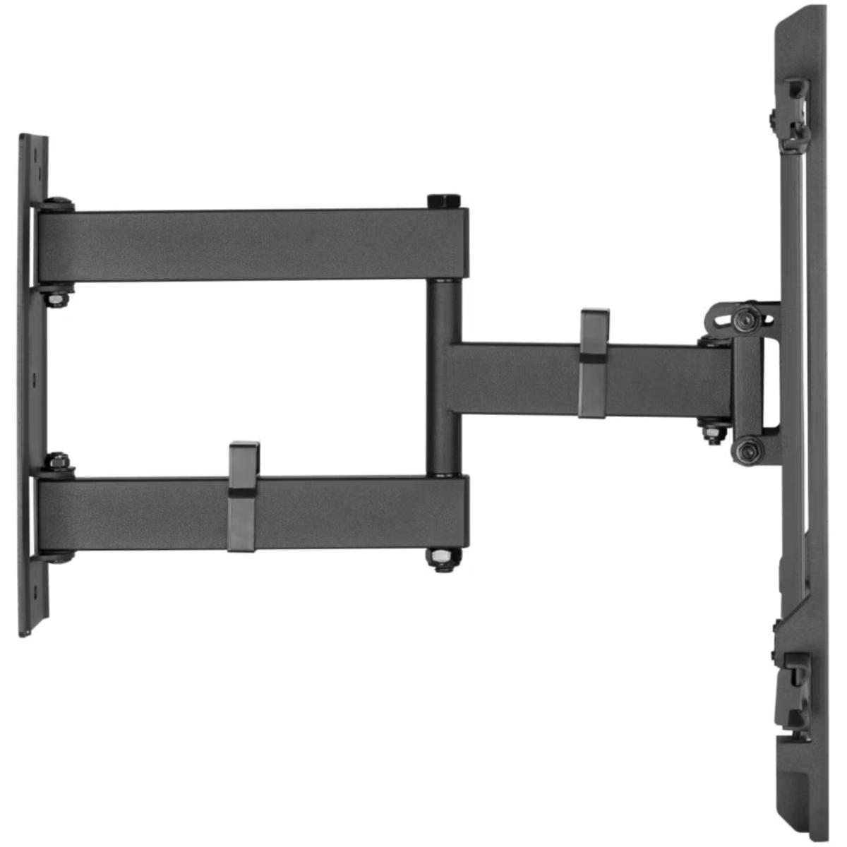Ein schwarzer, schwenkbarer Wandhalter für einen Fernseher, aus Metall gefertigt.