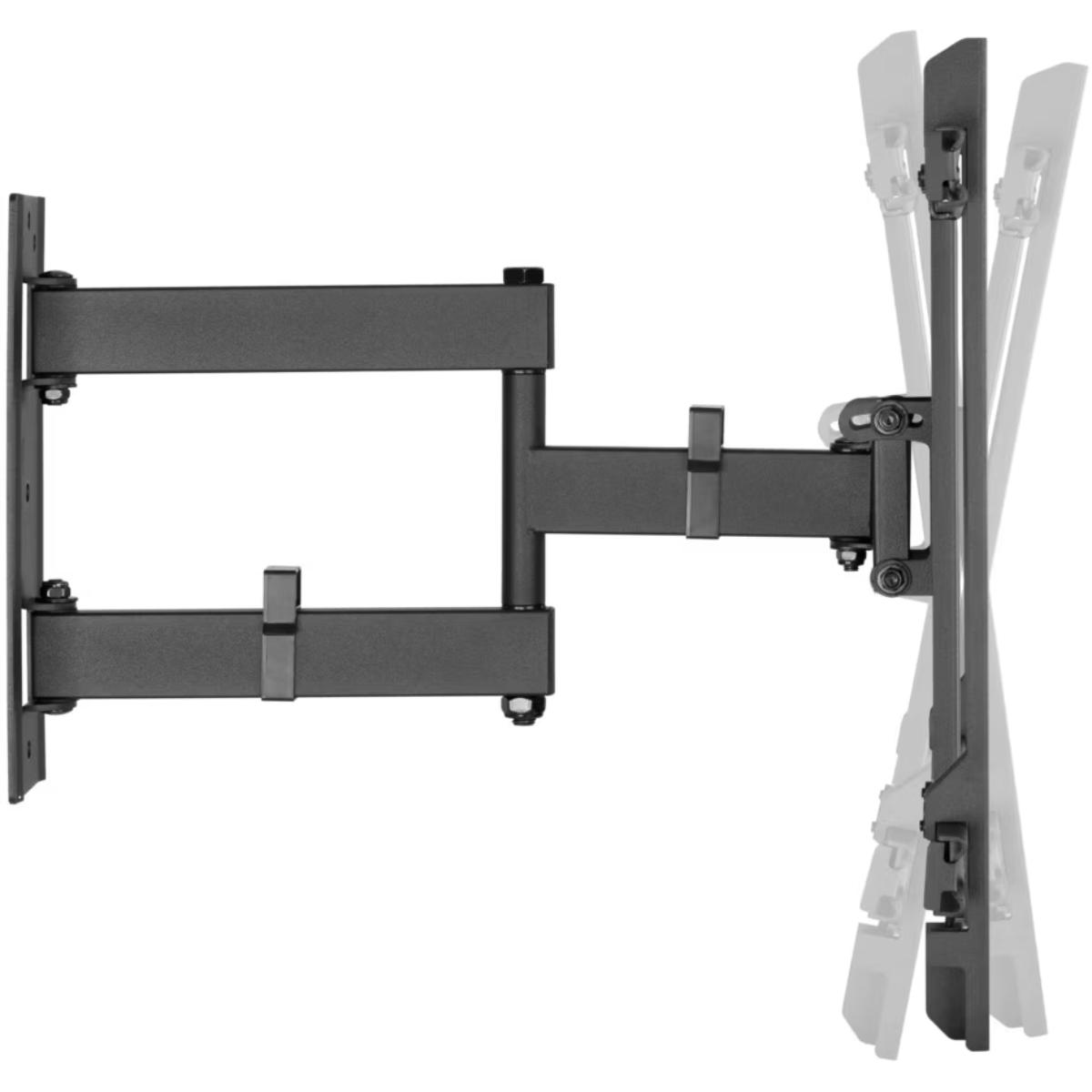 Schwarze TV-Wandhalterung mit ausziehbarem Arm, auf weißem Hintergrund.