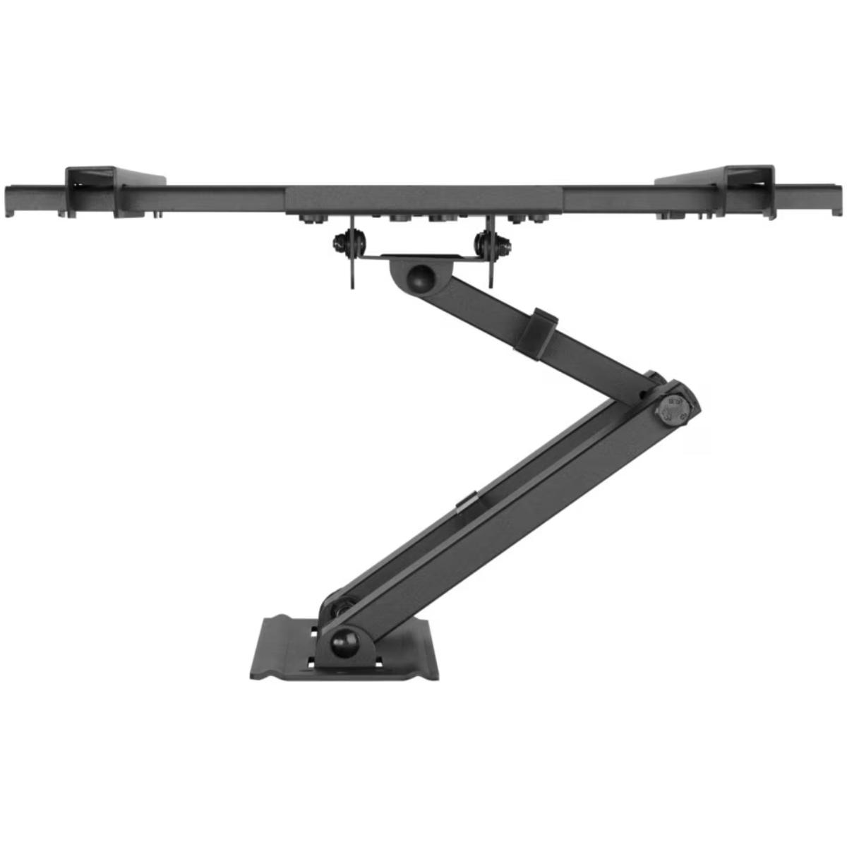 Ein schwarzer, verstellbarer Monitorarm mit Gelenkarmen und Basisplatte.