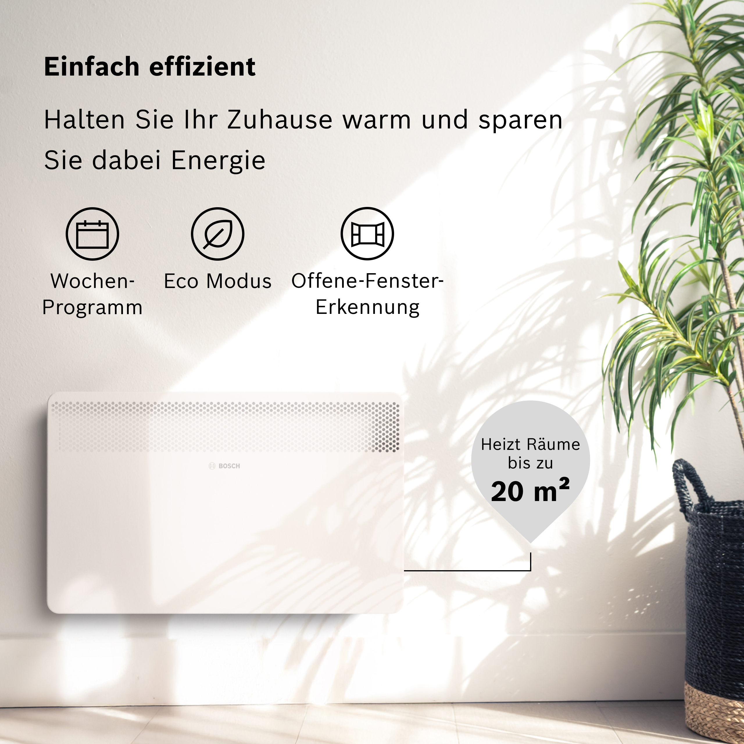 Ein weißer Bosch Heizkörper an einer Wand, mit Icons für Wochenprogramm, Eco-Modus und Fenstererkennung.