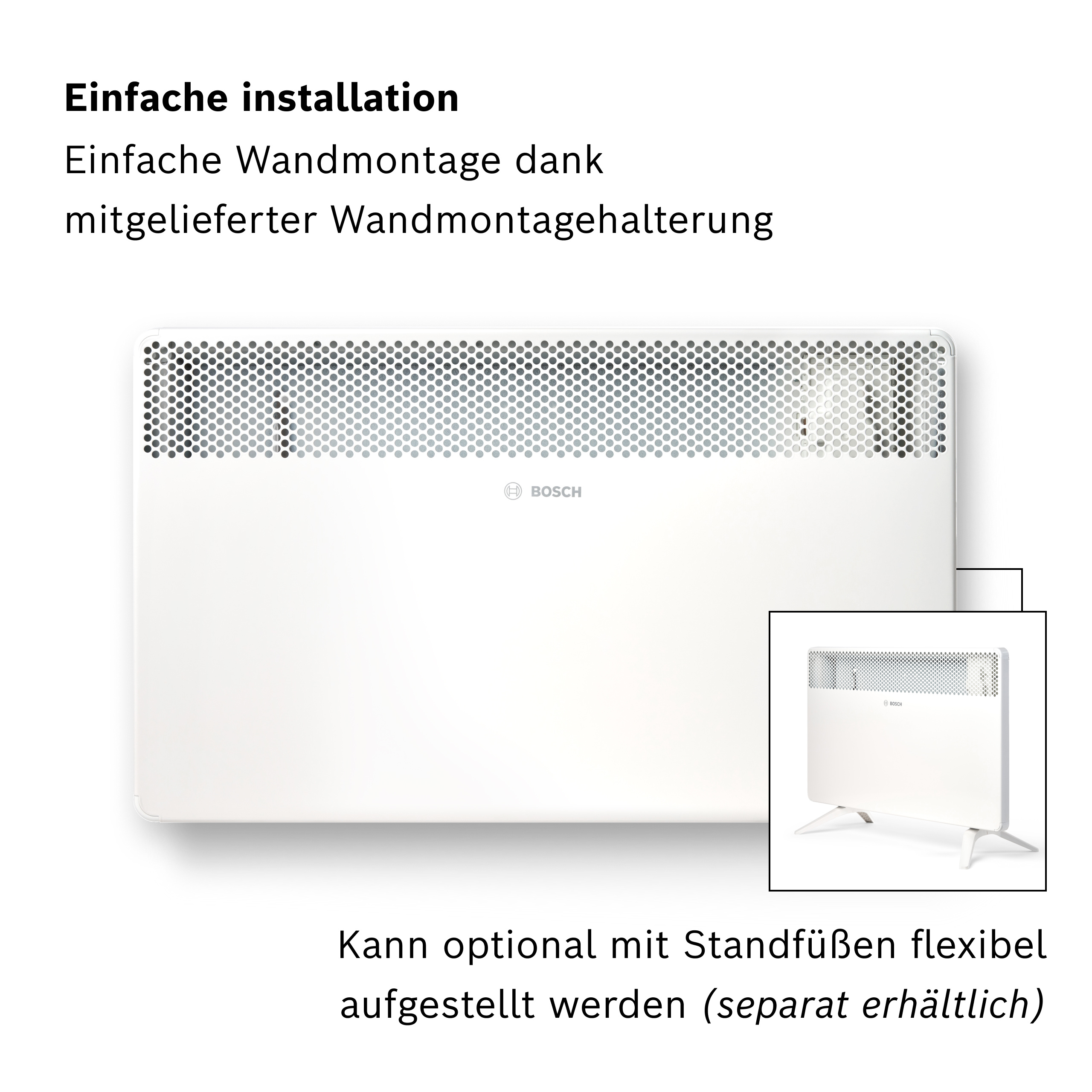 Weißer Bosch Heizkörper mit Lochmuster und optionalen Standfüßen.