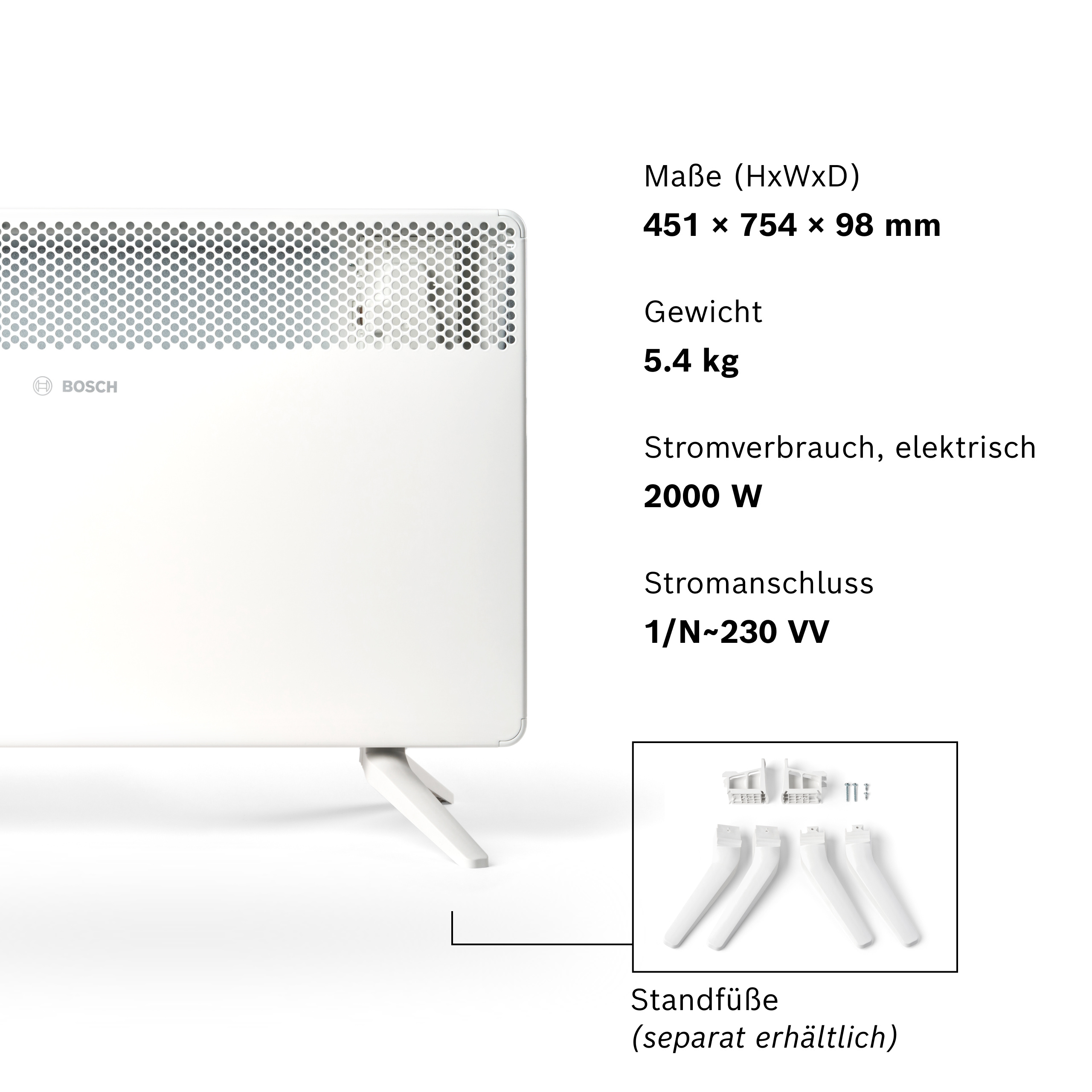 Weißer Heizkörper mit Lüftungsgitter und Bosch-Logo. Technische Daten.