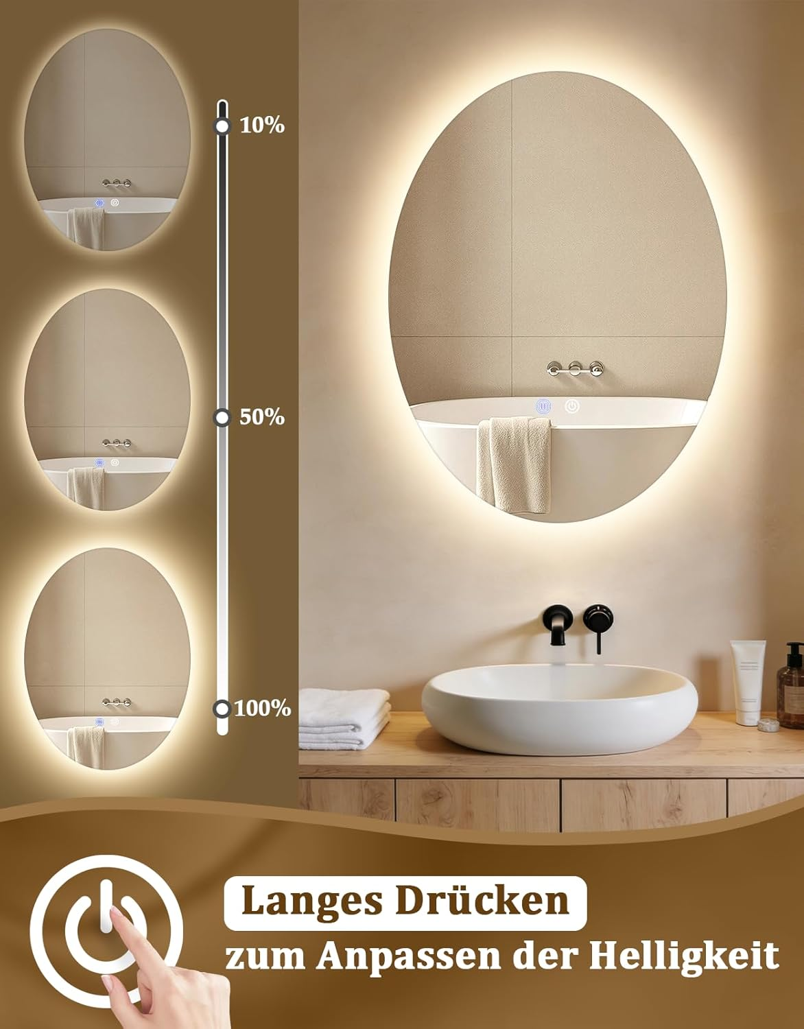 Uno specchio illuminato in bagno mostra livelli di luminosità del 10%, 50%, 100%.