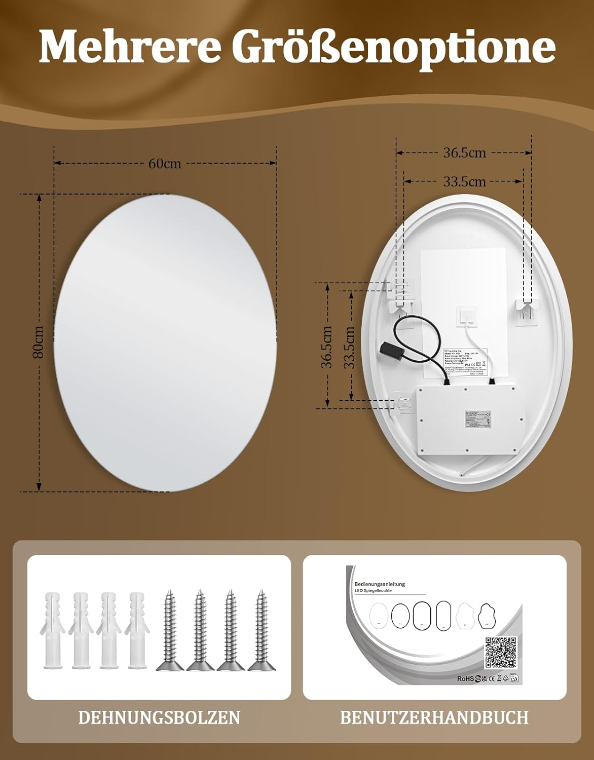 Specchio ovale (80x60cm) e retro di un apparecchio con dimensioni.