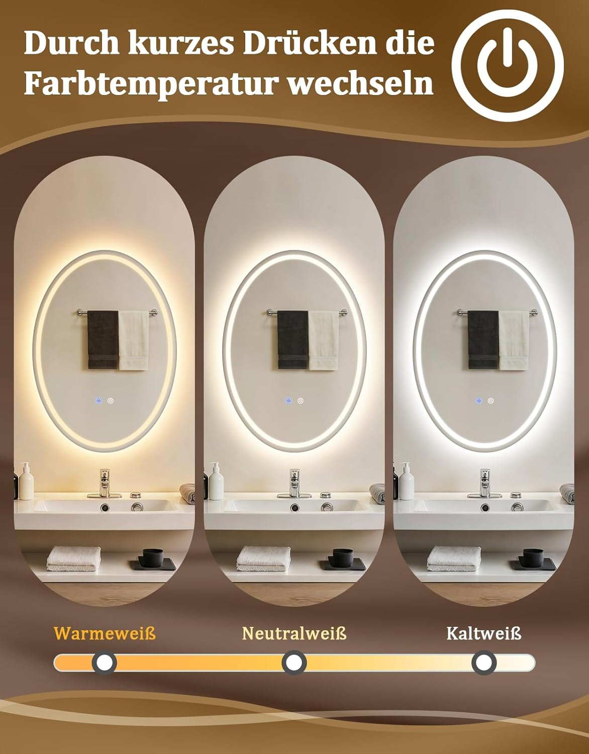Specchio da bagno con tre opzioni di illuminazione: bianco caldo, neutro e freddo.