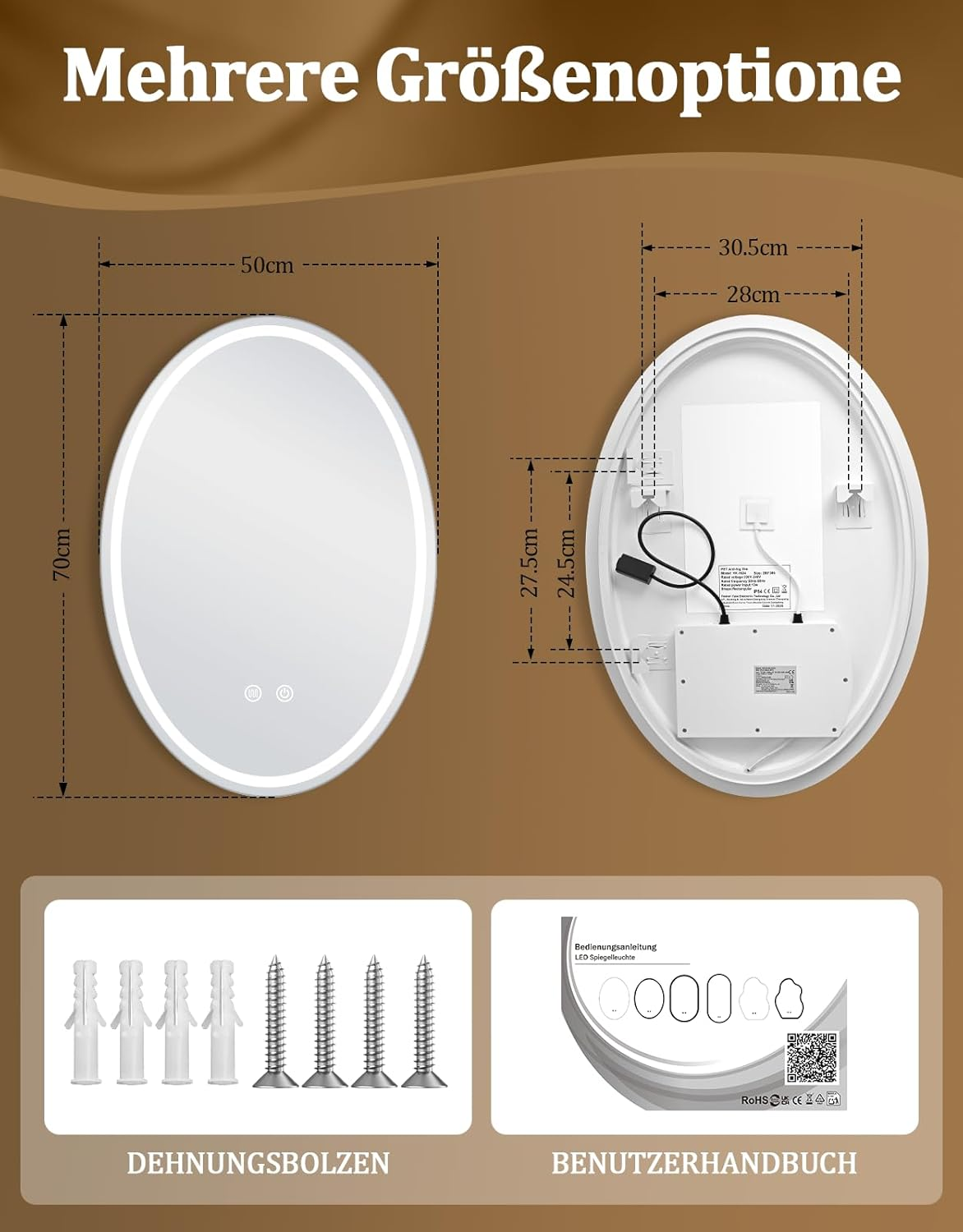 Specchio ovale con dimensioni e accessori di montaggio, manuale.