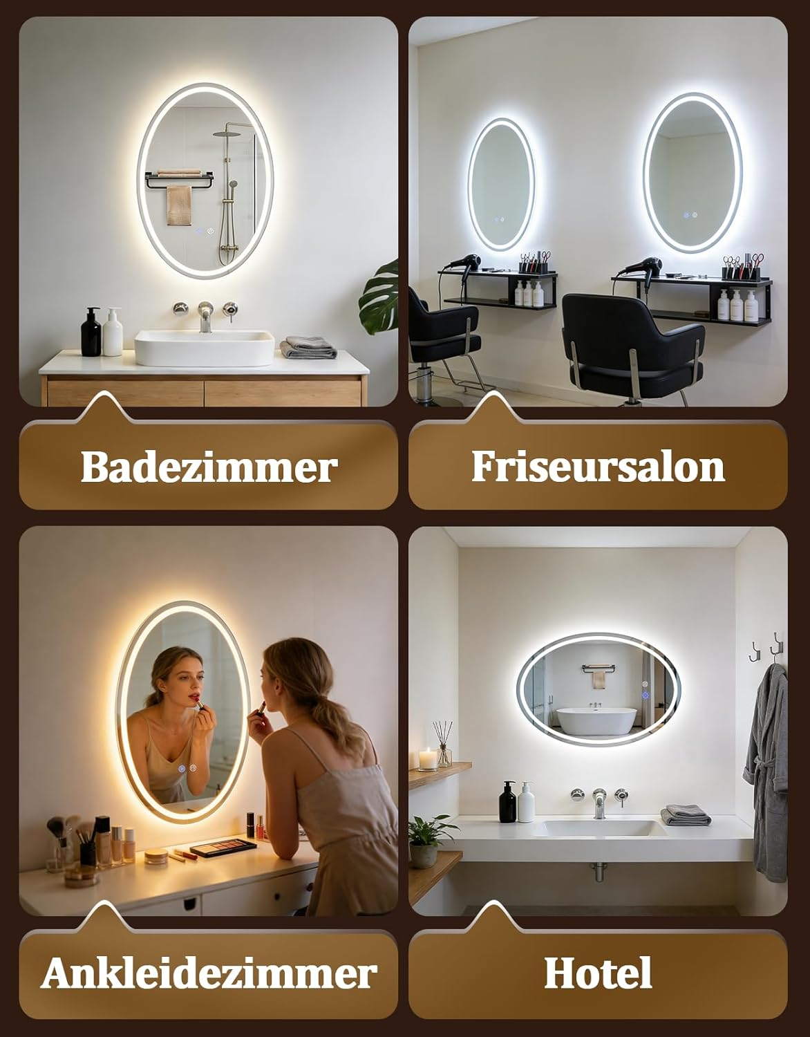 Quattro specchi con illuminazione integrata in bagno, salone, spogliatoio e hotel.