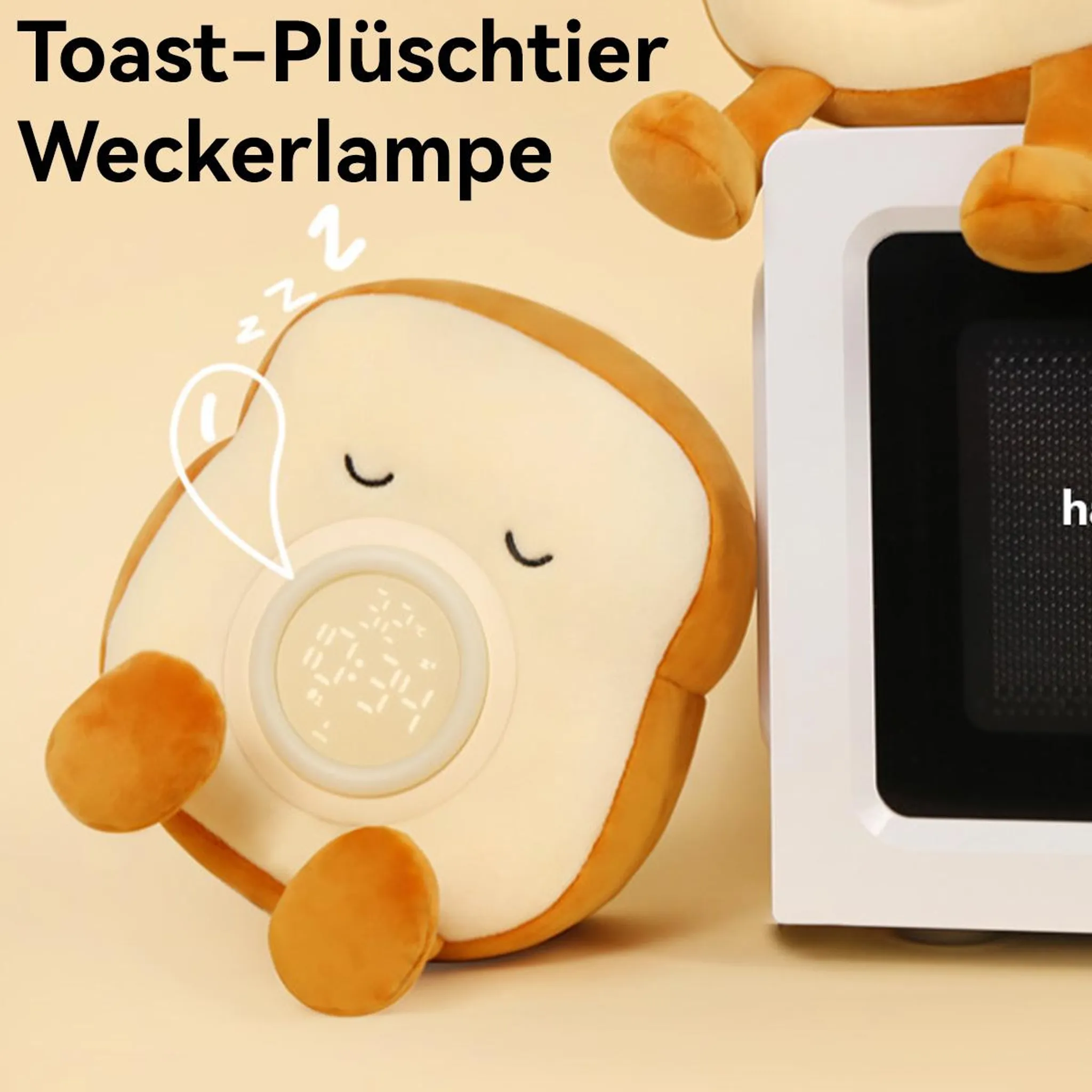 Ein Toast-Plüschtier mit Wecker und schlafenden Augen liegt neben einem weißen Gerät.