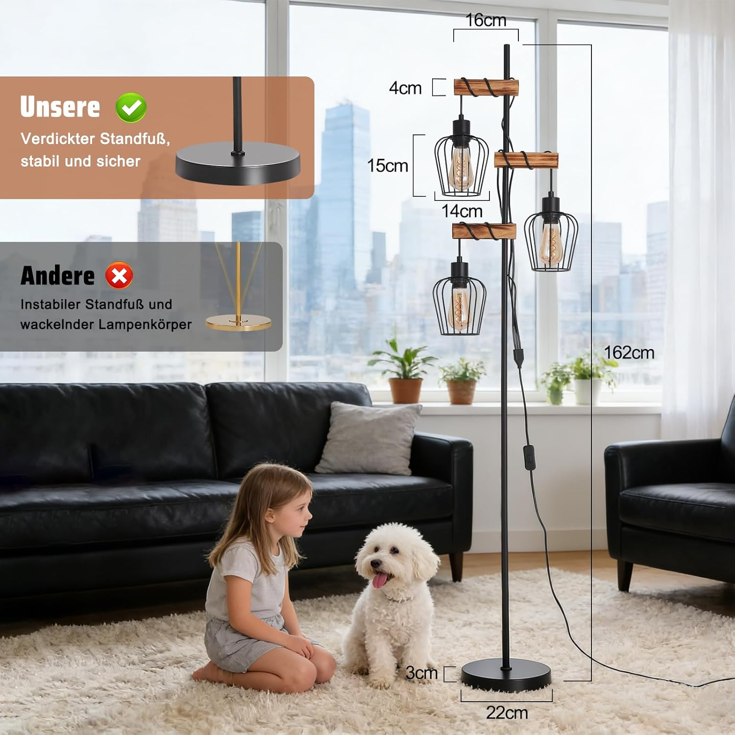 Una bambina e un cane siedono su un tappeto davanti a una lampada da terra.