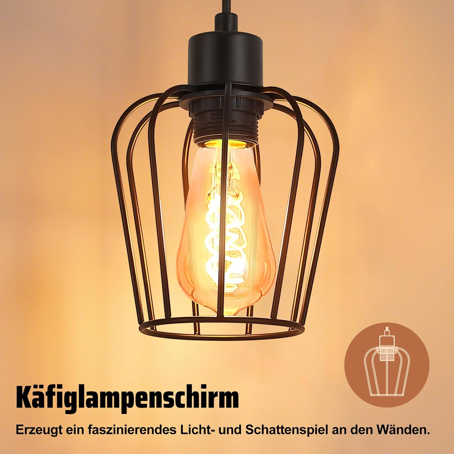 Una lampada a sospensione a gabbia nera con lampadina Edison. Proietta luce e ombre.
