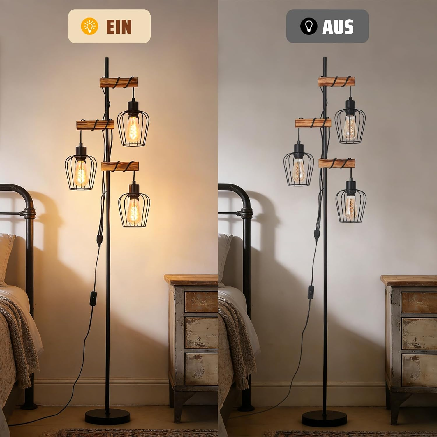 Lampada da terra a tre luci, modalità ON e OFF, con accenti in legno.