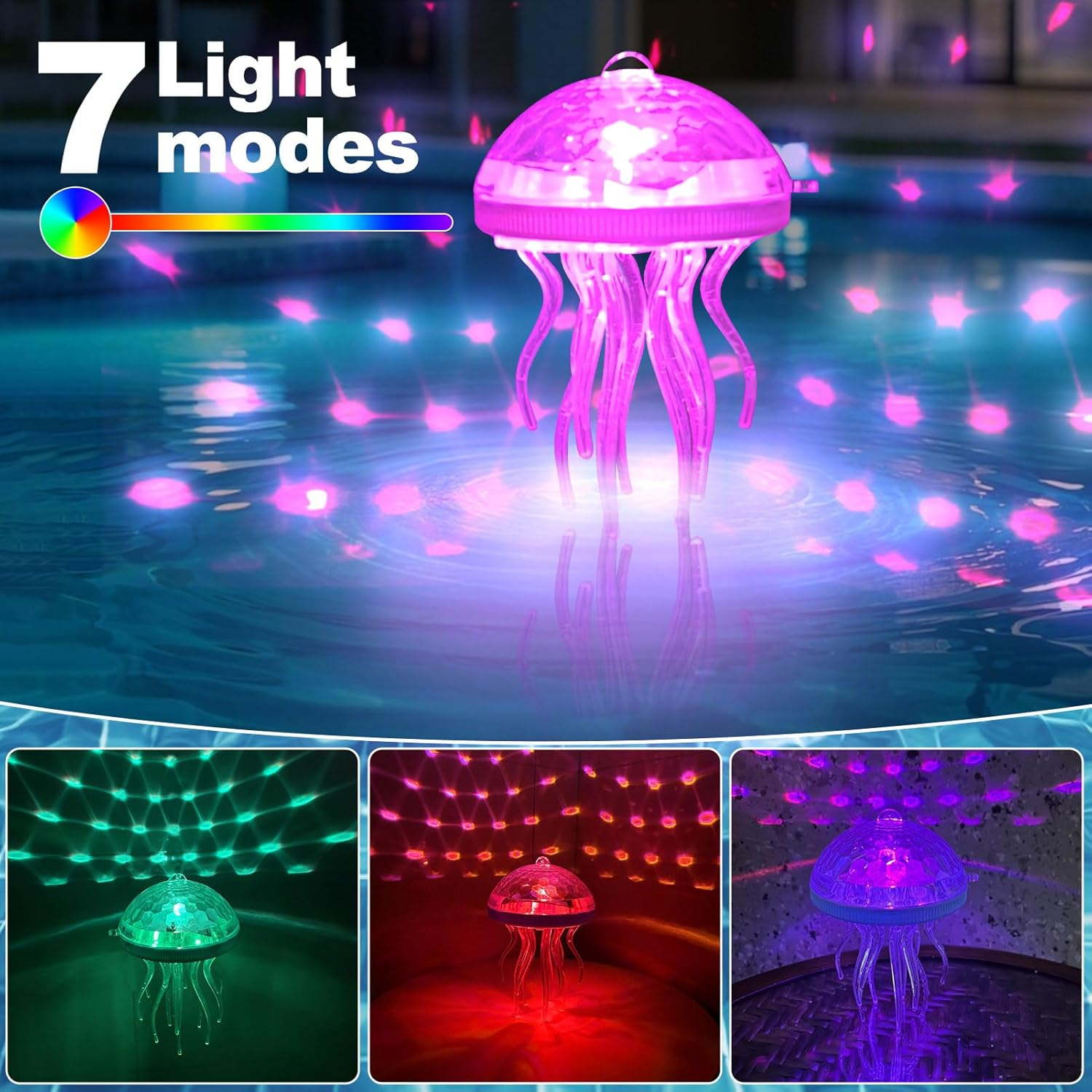 Jellyfish-förmige Lampe beleuchtet Pool in 7 Modi. Mehrere Ansichten.