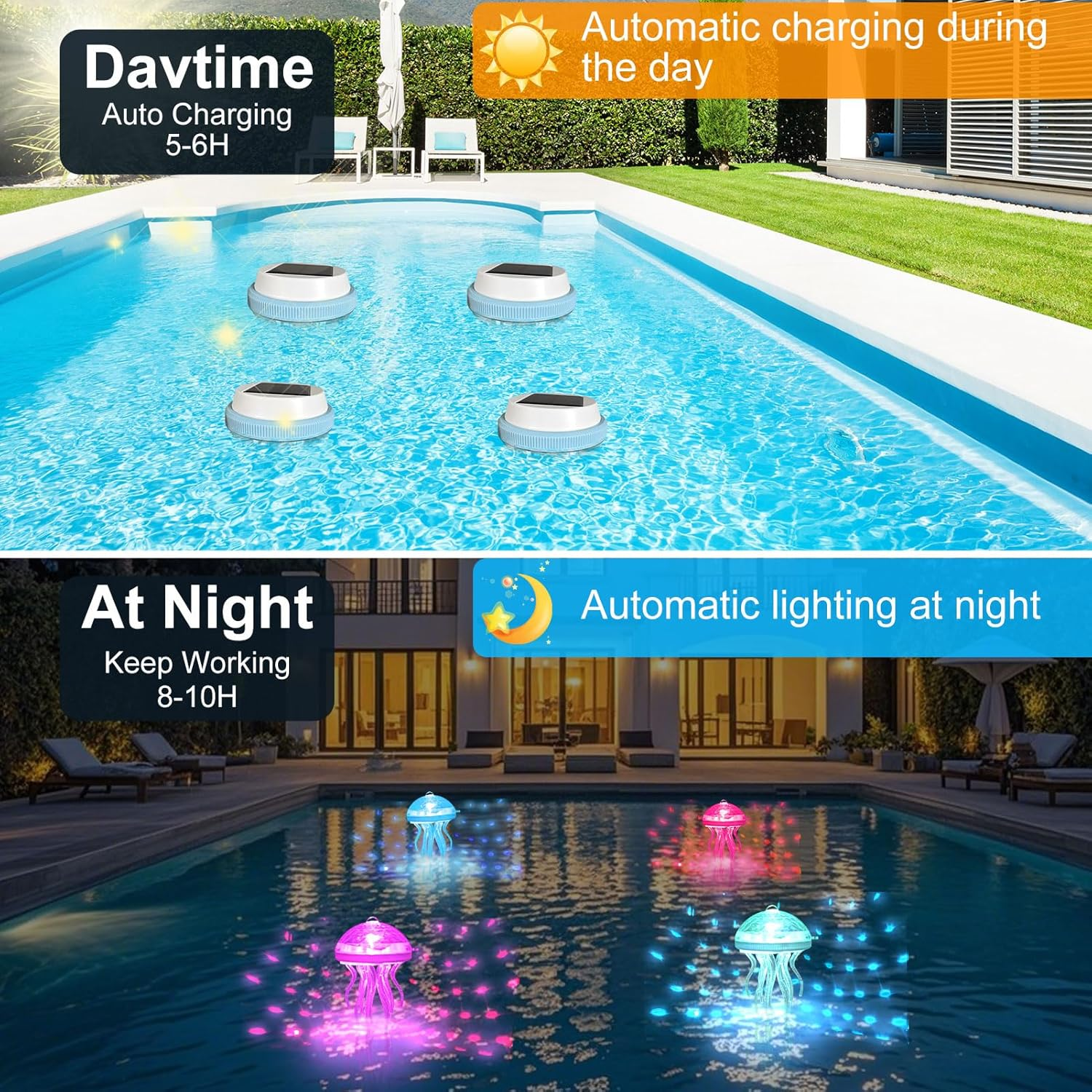 Solarschwimmleuchten laden tagsüber und leuchten nachts in einer Poollandschaft.