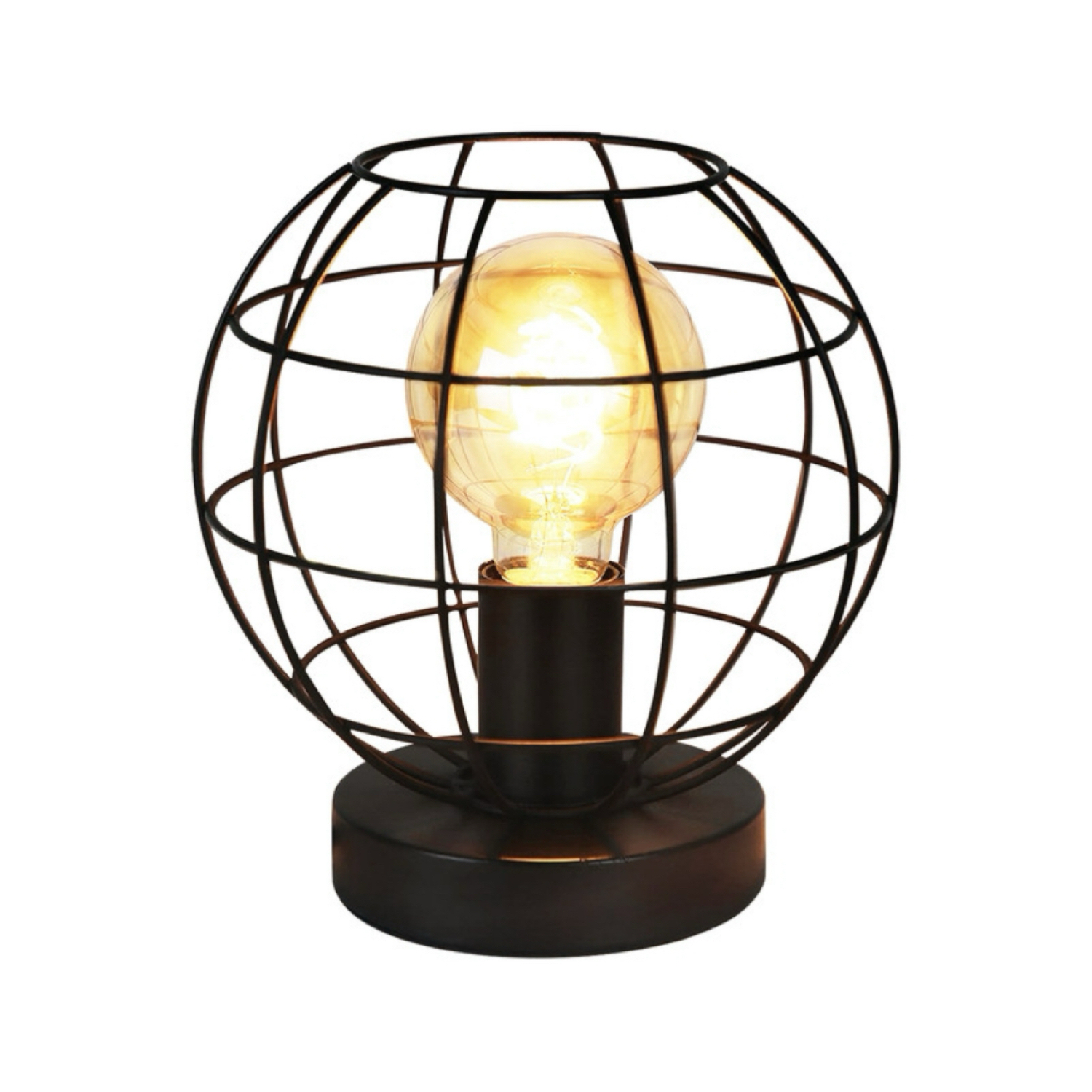 Lampada a gabbia nera con lampadina su sfondo bianco.